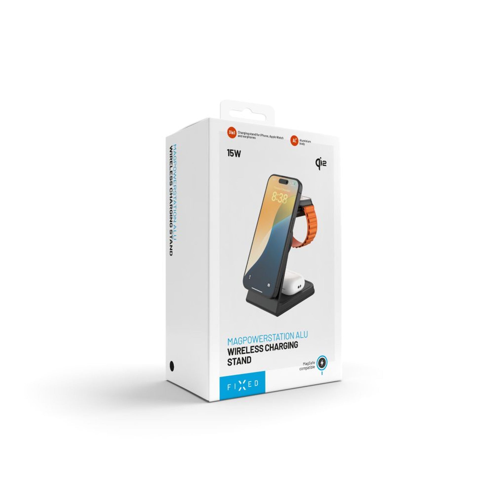 Stojánek s bezdrátovým nabíjením 3v1 FIXED MagPowerstation Alu 2 s podporou MagSafe, 15W+3.5W+2.5W, Qi2, černý - FIXED