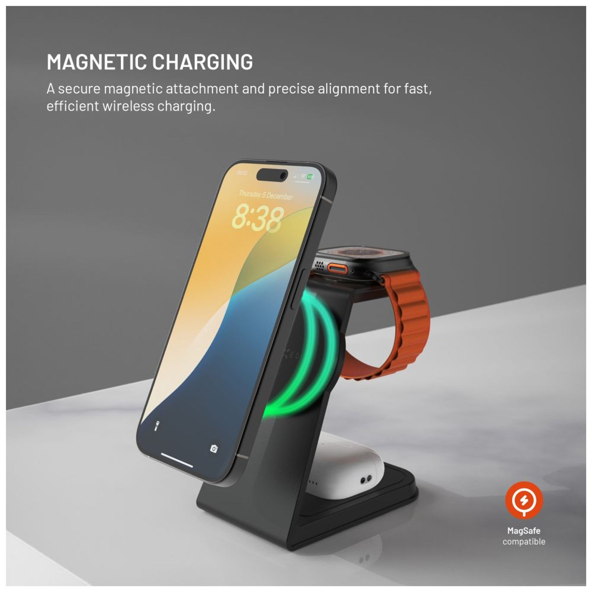 Stojánek s bezdrátovým nabíjením 3v1 FIXED MagPowerstation Alu 2 s podporou MagSafe, 15W+3.5W+2.5W, Qi2, černý - FIXED