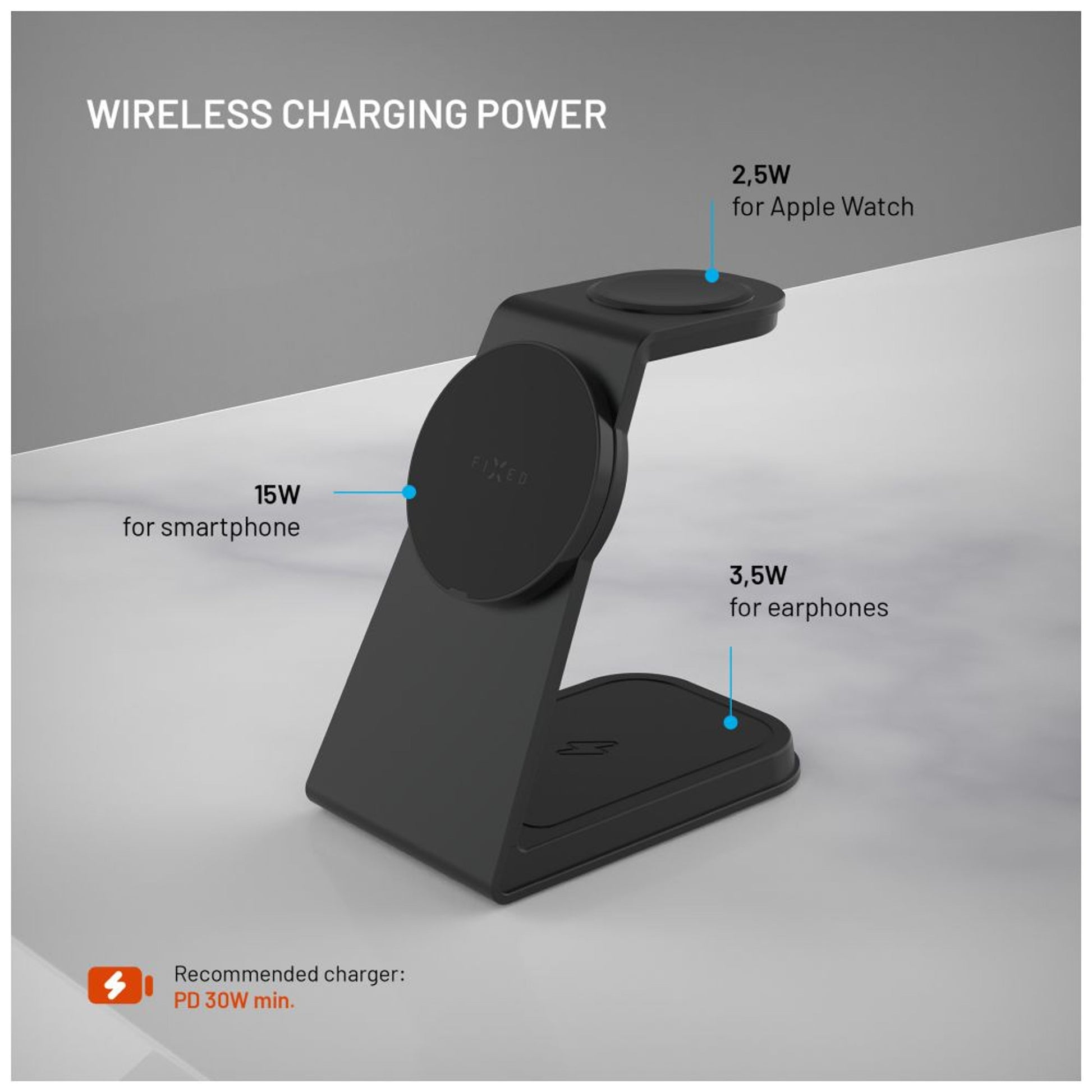Stojánek s bezdrátovým nabíjením 3v1 FIXED MagPowerstation Alu 2 s podporou MagSafe, 15W+3.5W+2.5W, Qi2, černý - FIXED