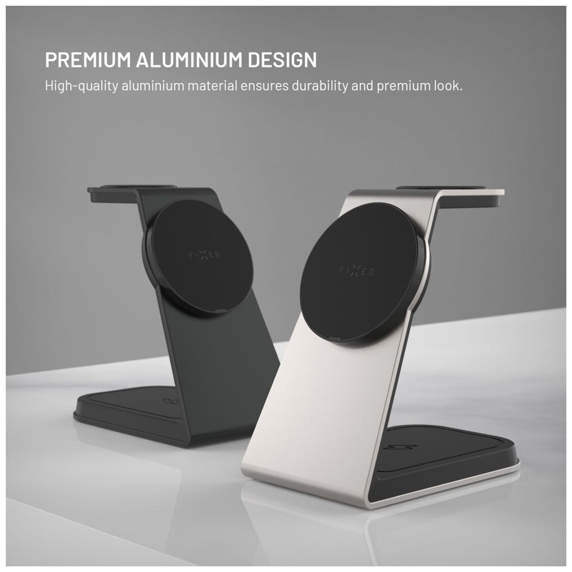 Stojánek s bezdrátovým nabíjením 3v1 FIXED MagPowerstation Alu 2 s podporou MagSafe, 15W+3.5W+2.5W, Qi2, černý - FIXED