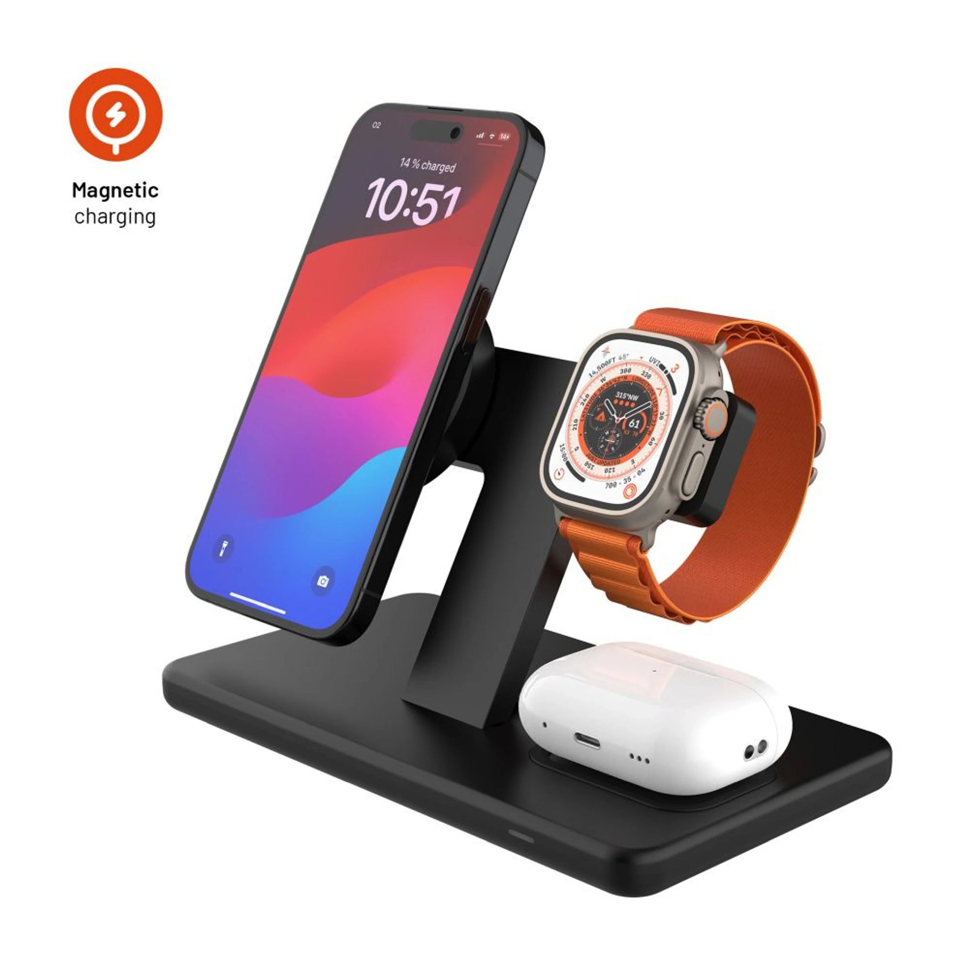 Stojánek s bezdrátovým nabíjením 3v1 FIXED MagPowerstation s podporou MagSafe, 15W+15W+5W, černý - FIXED