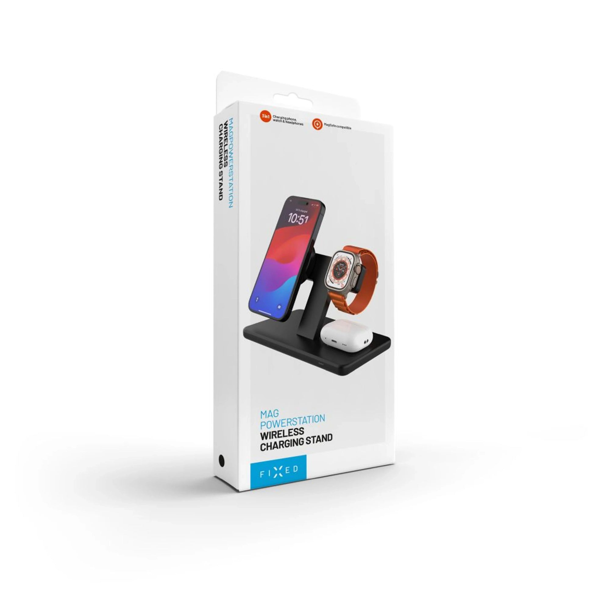Stojánek s bezdrátovým nabíjením 3v1 FIXED MagPowerstation s podporou MagSafe, 15W+15W+5W, černý - FIXED