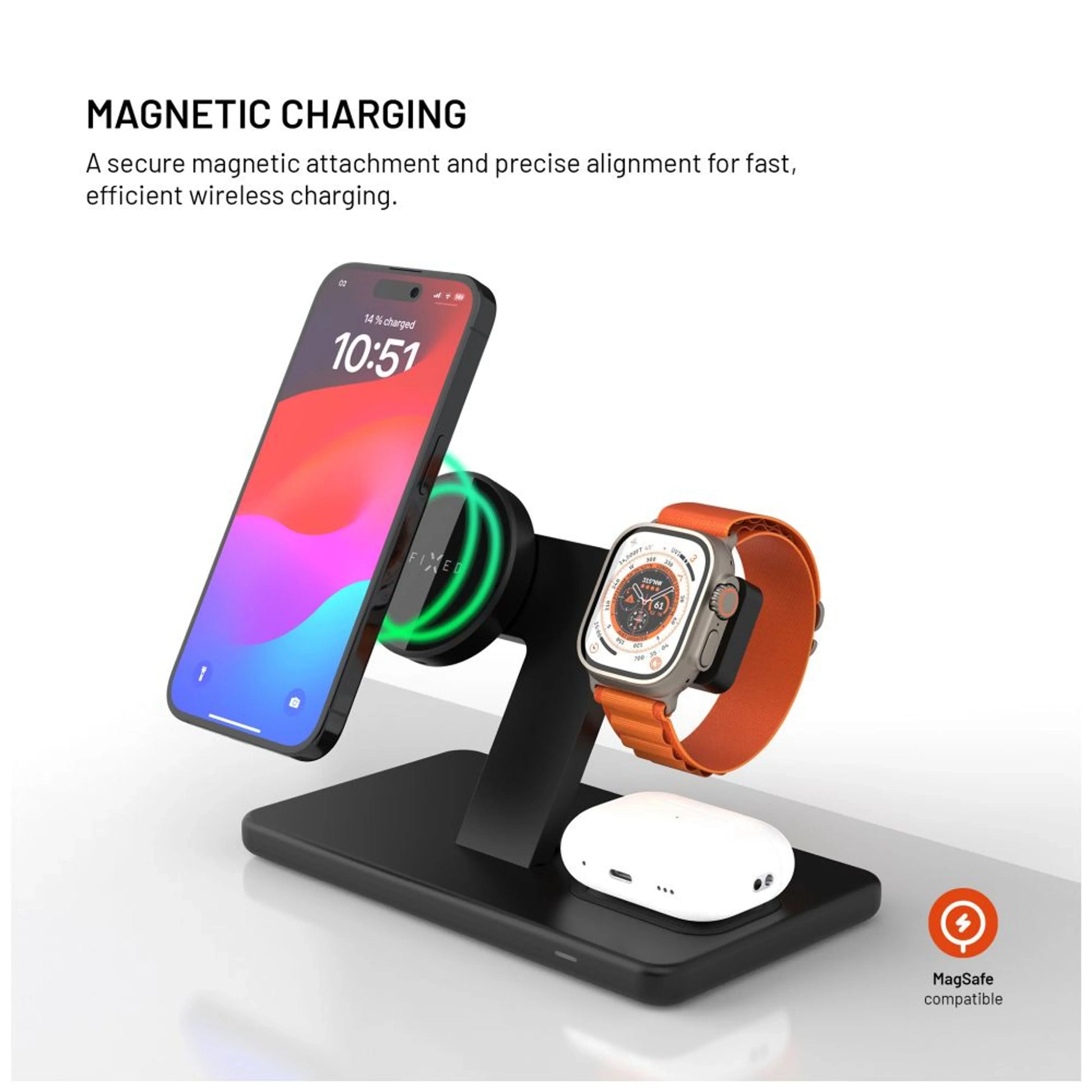 Stojánek s bezdrátovým nabíjením 3v1 FIXED MagPowerstation s podporou MagSafe, 15W+15W+5W, černý - FIXED