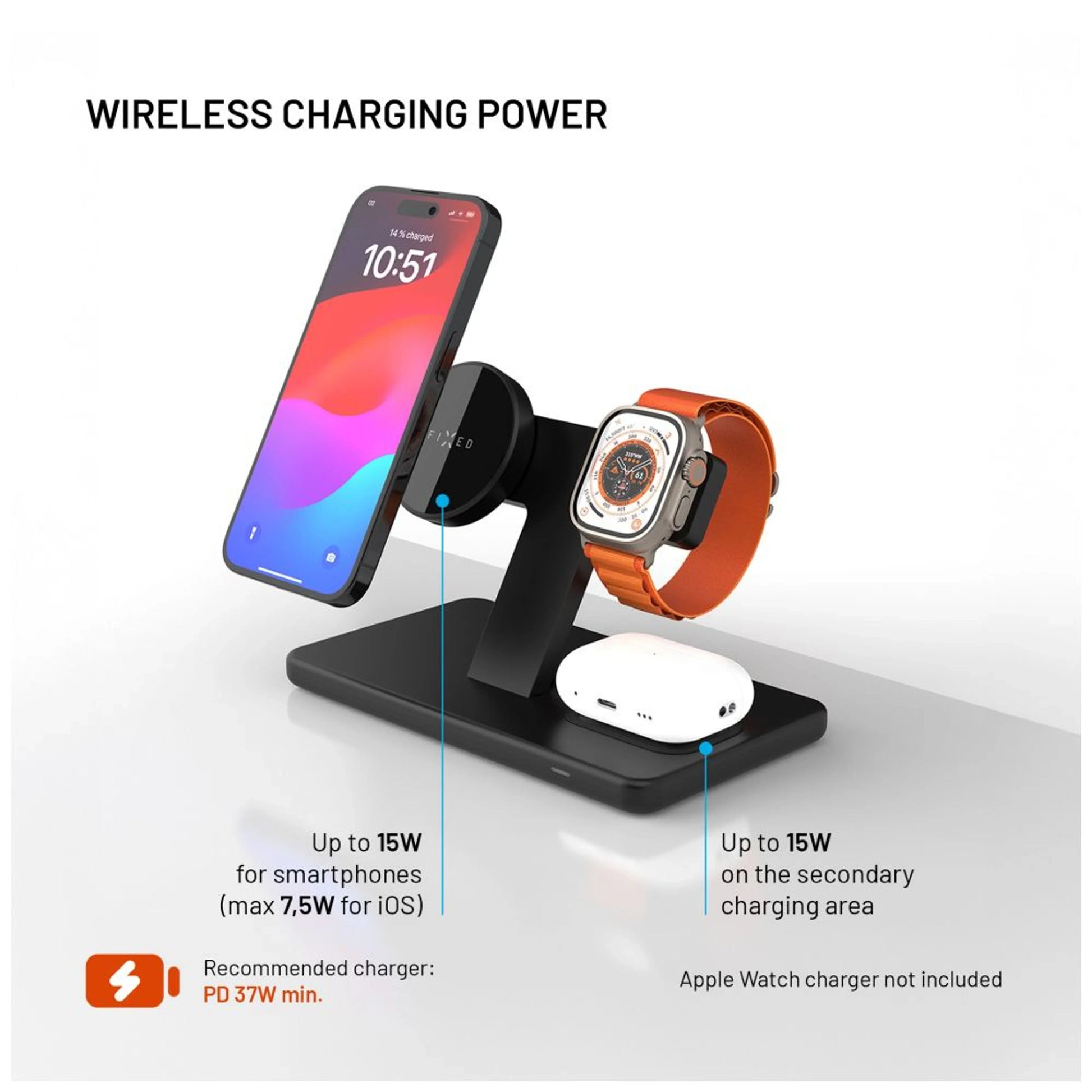 Stojánek s bezdrátovým nabíjením 3v1 FIXED MagPowerstation s podporou MagSafe, 15W+15W+5W, černý - FIXED