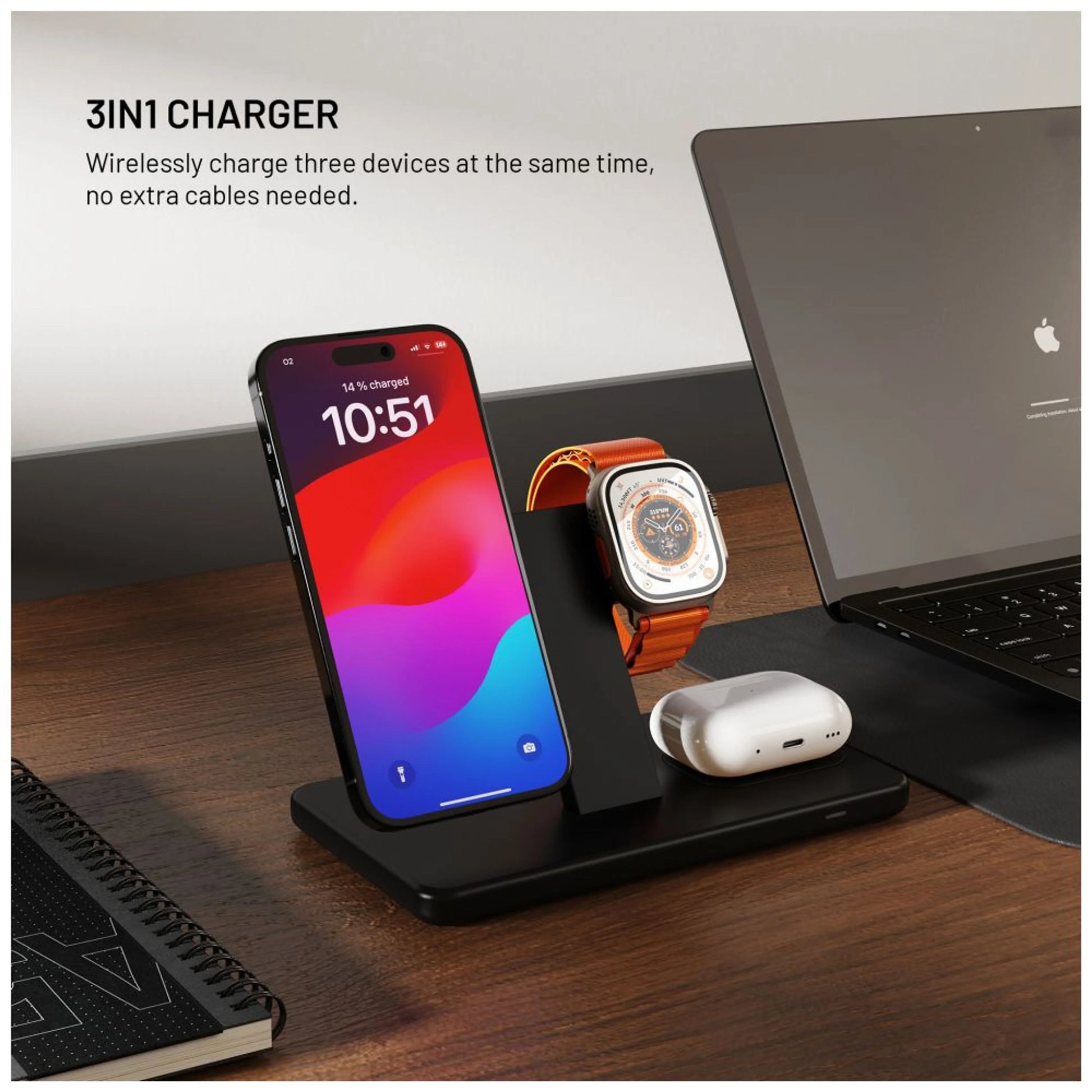 Stojánek s bezdrátovým nabíjením 3v1 FIXED MagPowerstation s podporou MagSafe, 15W+15W+5W, černý - FIXED