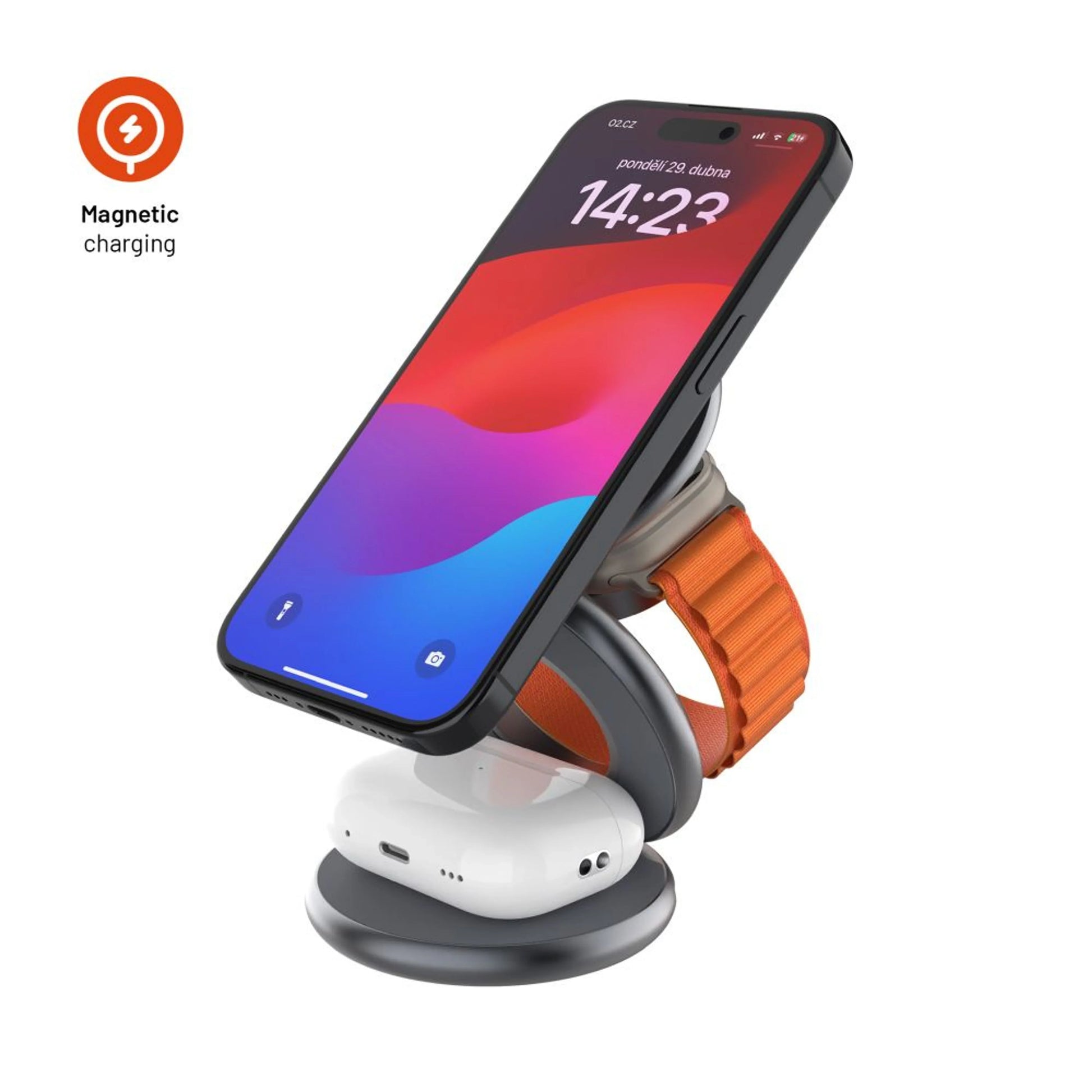 Bezdrátová skládací nabíječka 3v1 FIXED MagPowerstation Round s podporou MagSafe, 15W+5W+5W, šedá - FIXED