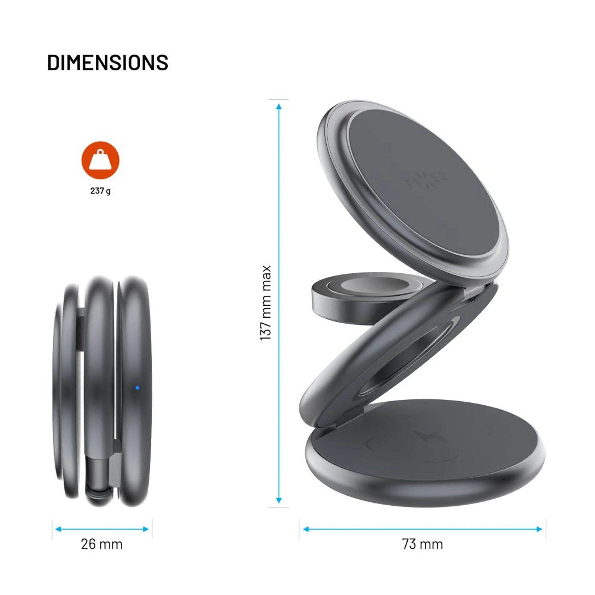 Bezdrátová skládací nabíječka 3v1 FIXED MagPowerstation Round s podporou MagSafe, 15W+5W+5W, šedá - FIXED