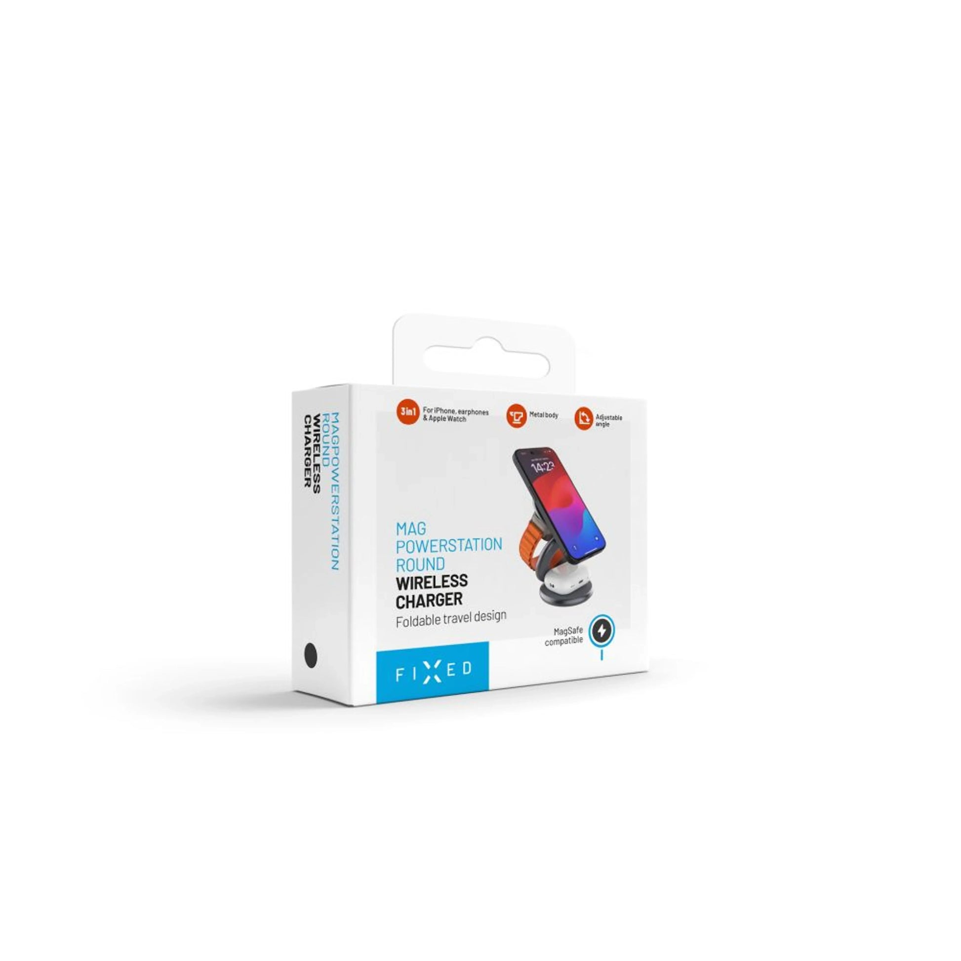 Bezdrátová skládací nabíječka 3v1 FIXED MagPowerstation Round s podporou MagSafe, 15W+5W+5W, šedá - FIXED