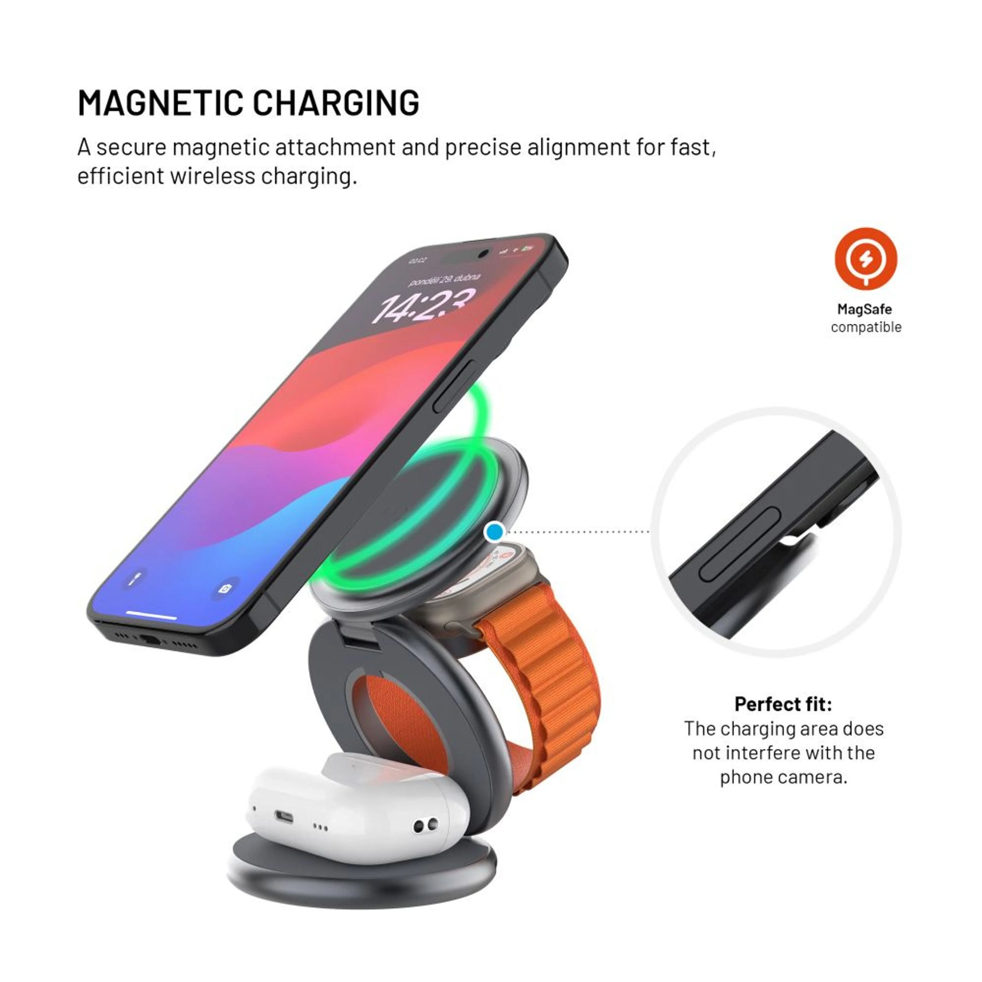 Bezdrátová skládací nabíječka 3v1 FIXED MagPowerstation Round s podporou MagSafe, 15W+5W+5W, šedá - FIXED