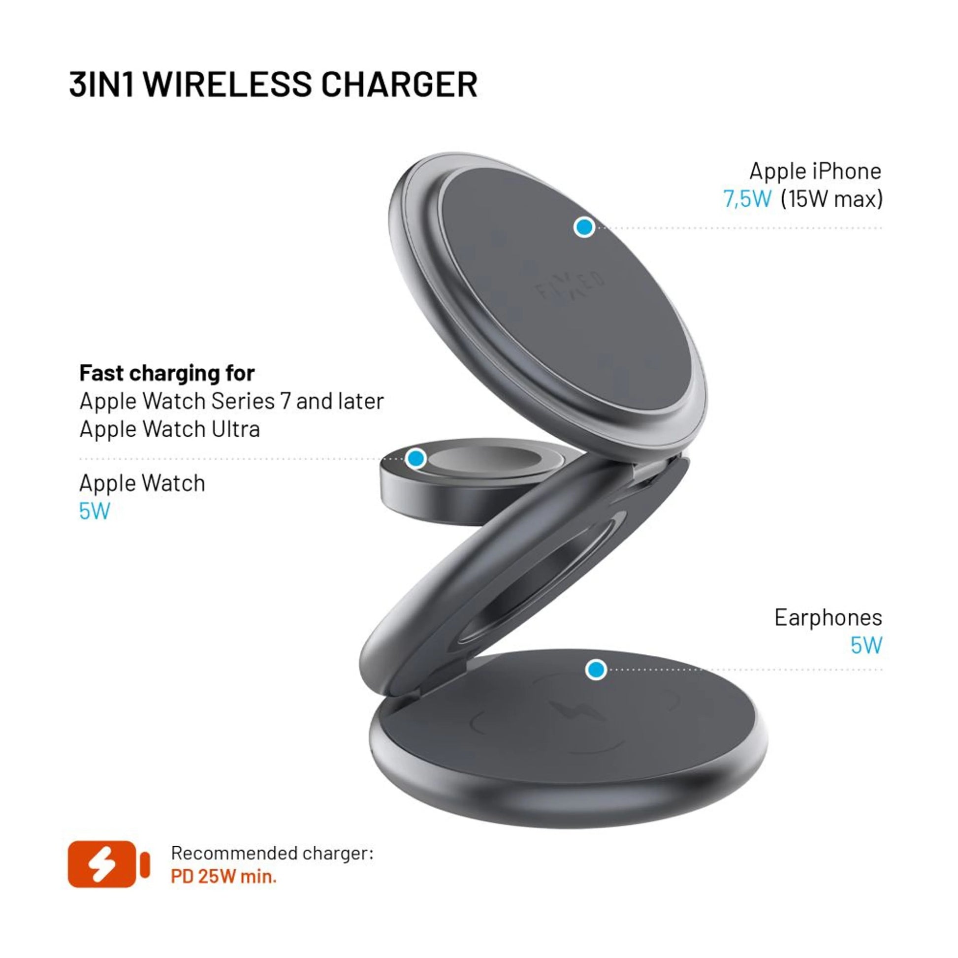 Bezdrátová skládací nabíječka 3v1 FIXED MagPowerstation Round s podporou MagSafe, 15W+5W+5W, šedá - FIXED