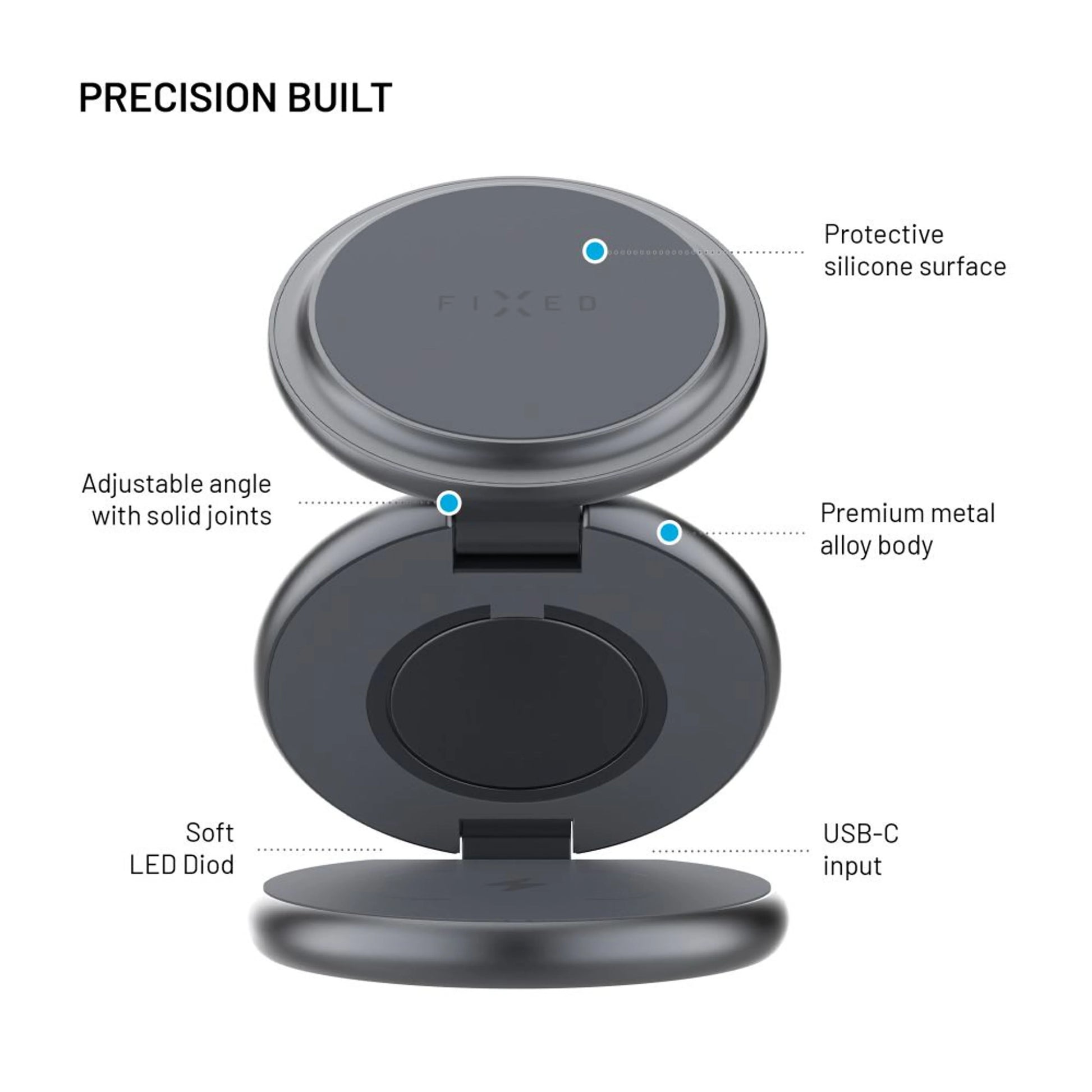 Bezdrátová skládací nabíječka 3v1 FIXED MagPowerstation Round s podporou MagSafe, 15W+5W+5W, šedá - FIXED
