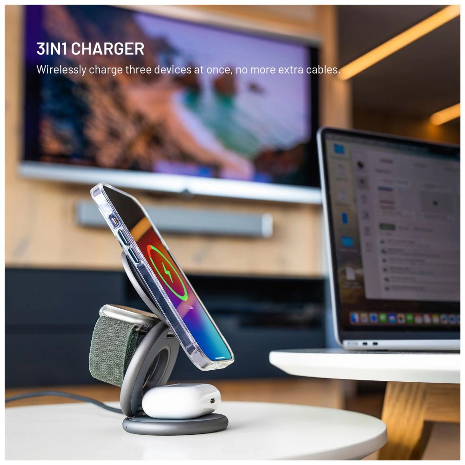 Bezdrátová skládací nabíječka 3v1 FIXED MagPowerstation Round s podporou MagSafe, 15W+5W+5W, šedá - FIXED