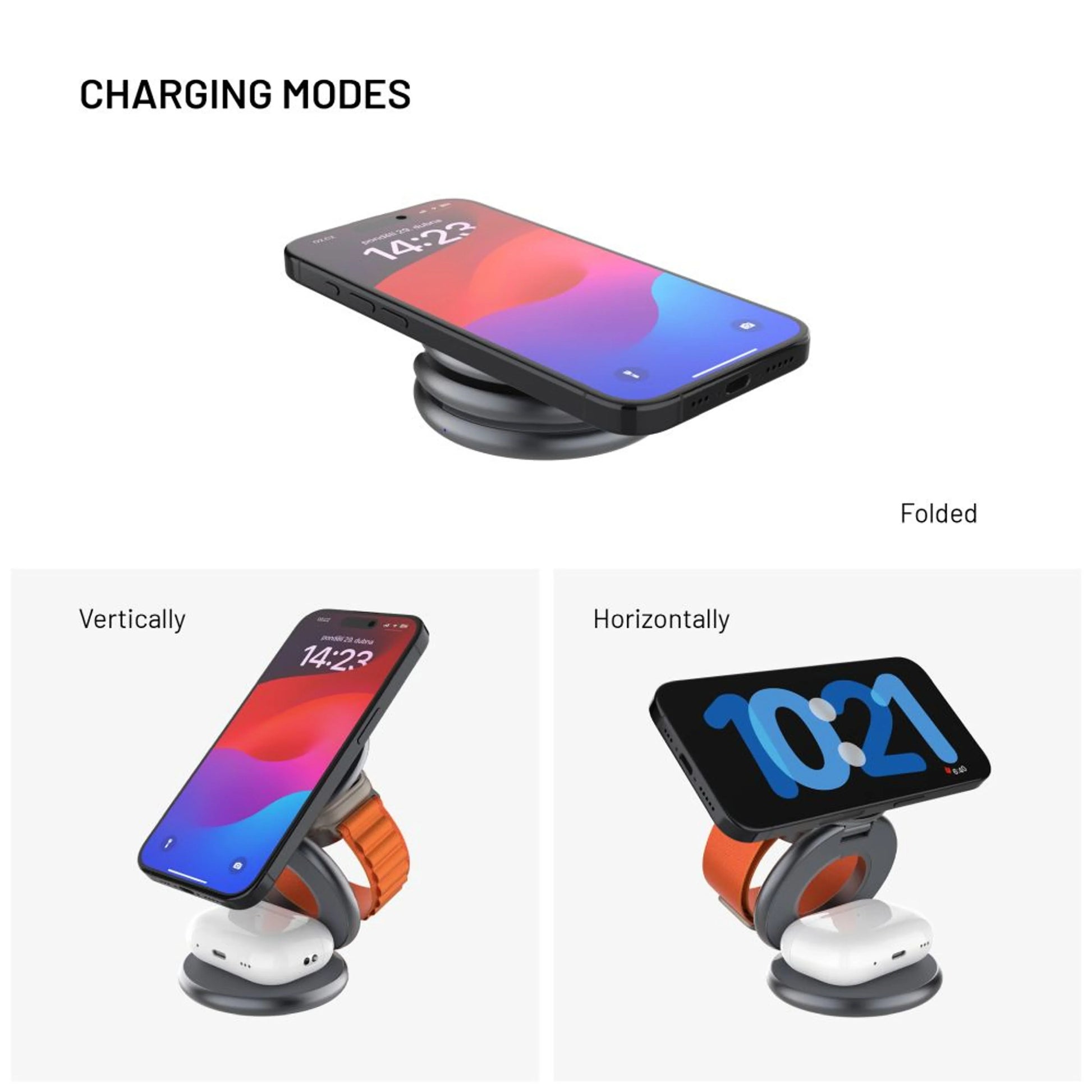 Bezdrátová skládací nabíječka 3v1 FIXED MagPowerstation Round s podporou MagSafe, 15W+5W+5W, šedá - FIXED