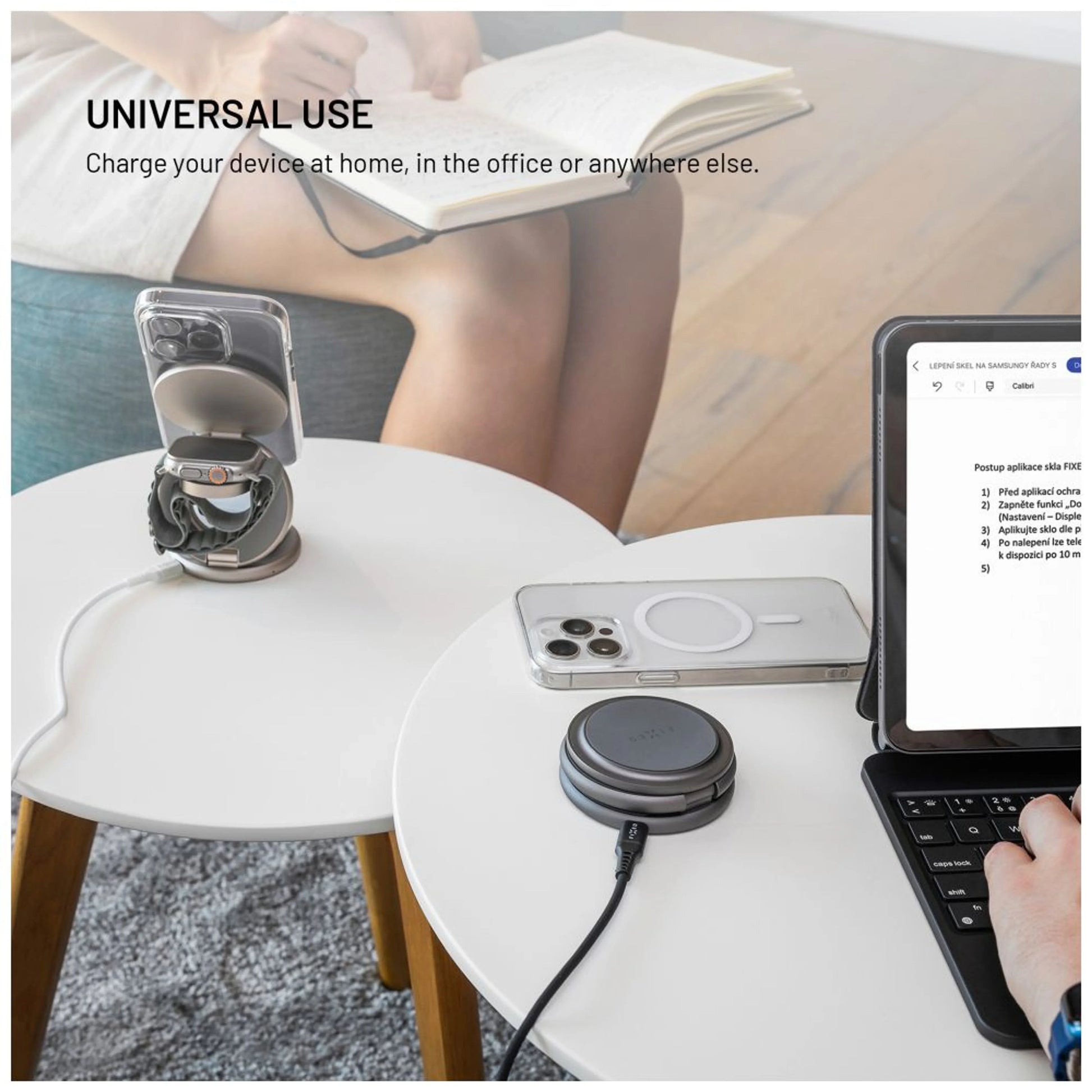 Bezdrátová skládací nabíječka 3v1 FIXED MagPowerstation Round s podporou MagSafe, 15W+5W+5W, šedá - FIXED