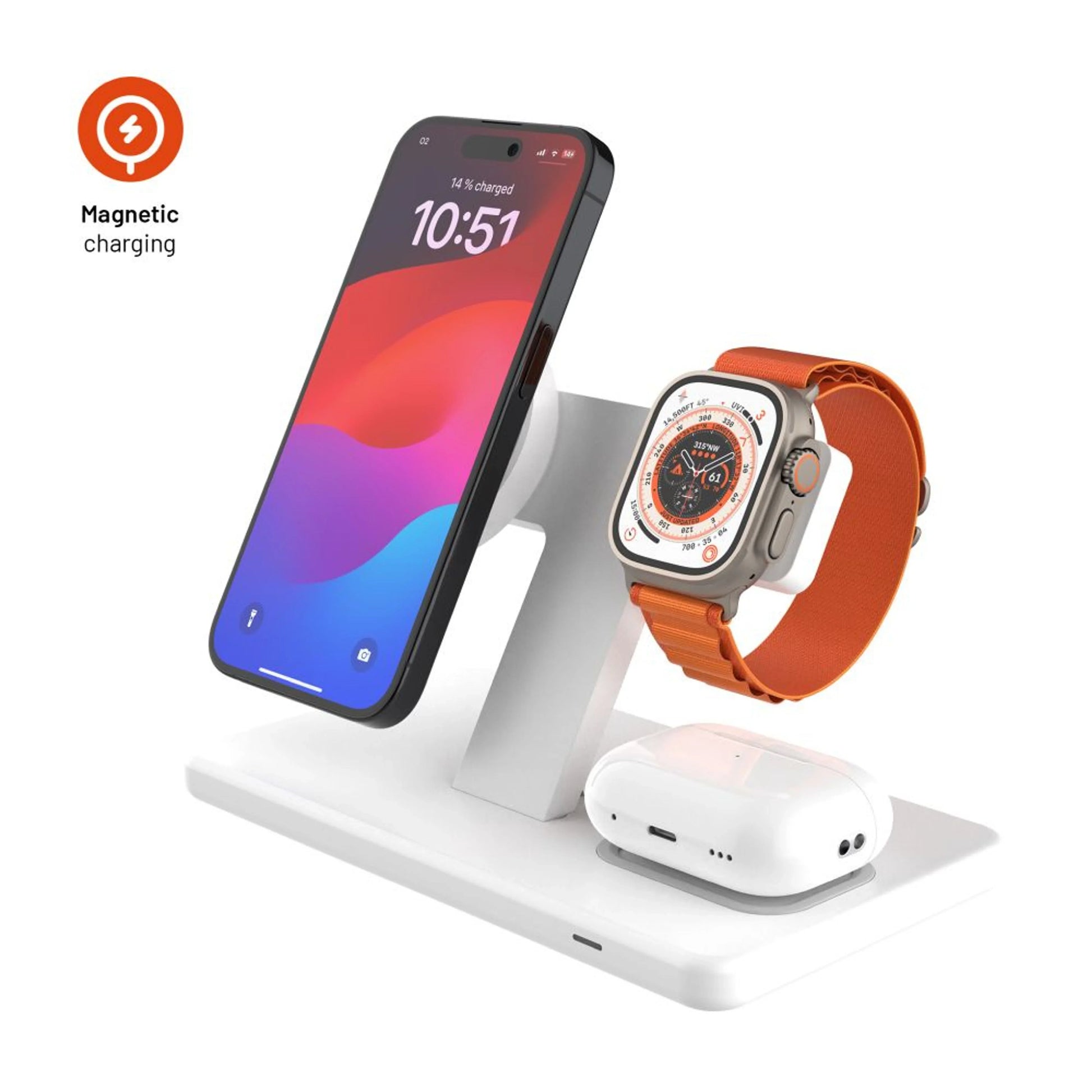 Stojánek s bezdrátovým nabíjením 3v1 FIXED MagPowerstation s podporou MagSafe, 15W+15W+5W, bíly - FIXED