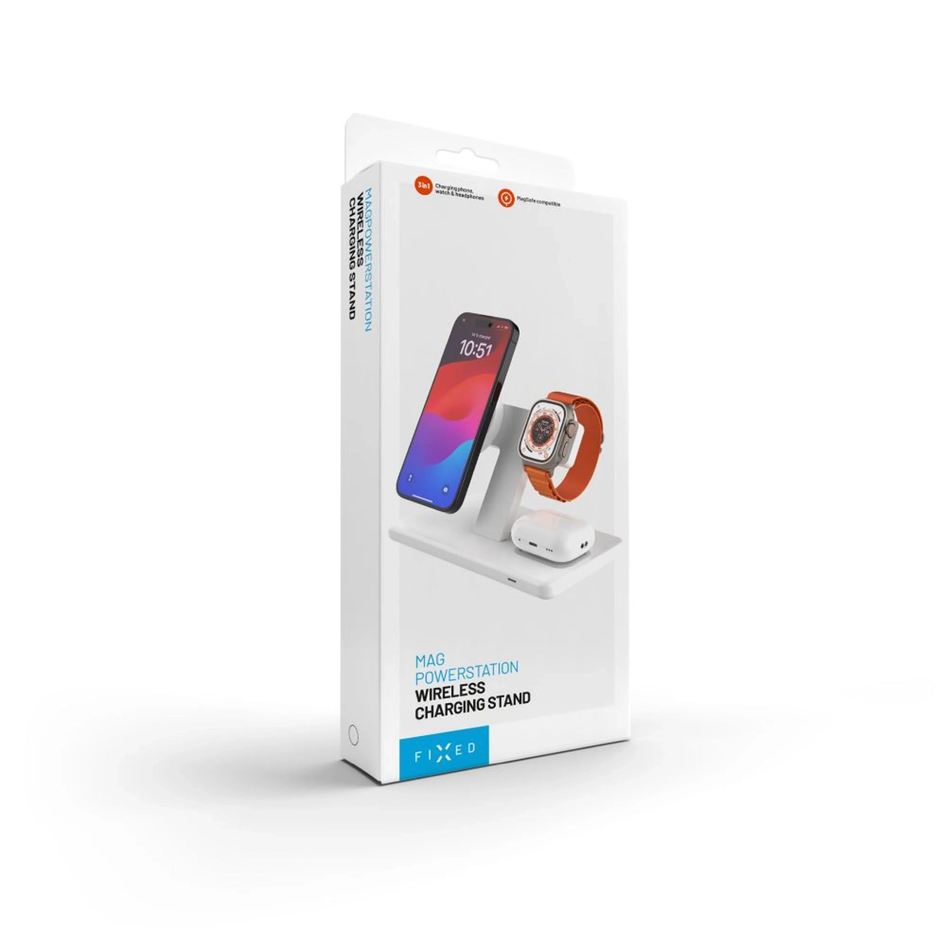 Stojánek s bezdrátovým nabíjením 3v1 FIXED MagPowerstation s podporou MagSafe, 15W+15W+5W, bíly - FIXED