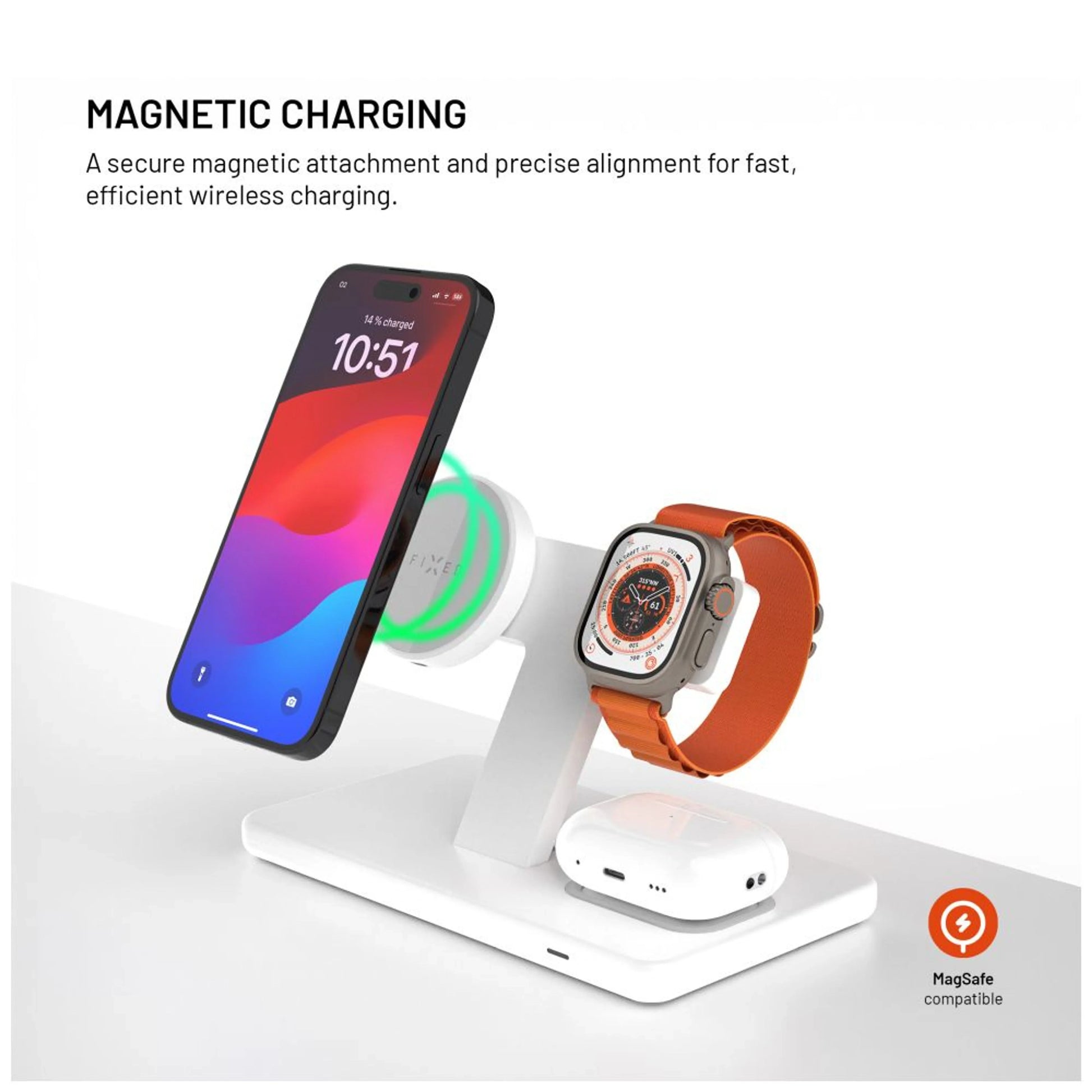 Stojánek s bezdrátovým nabíjením 3v1 FIXED MagPowerstation s podporou MagSafe, 15W+15W+5W, bíly - FIXED