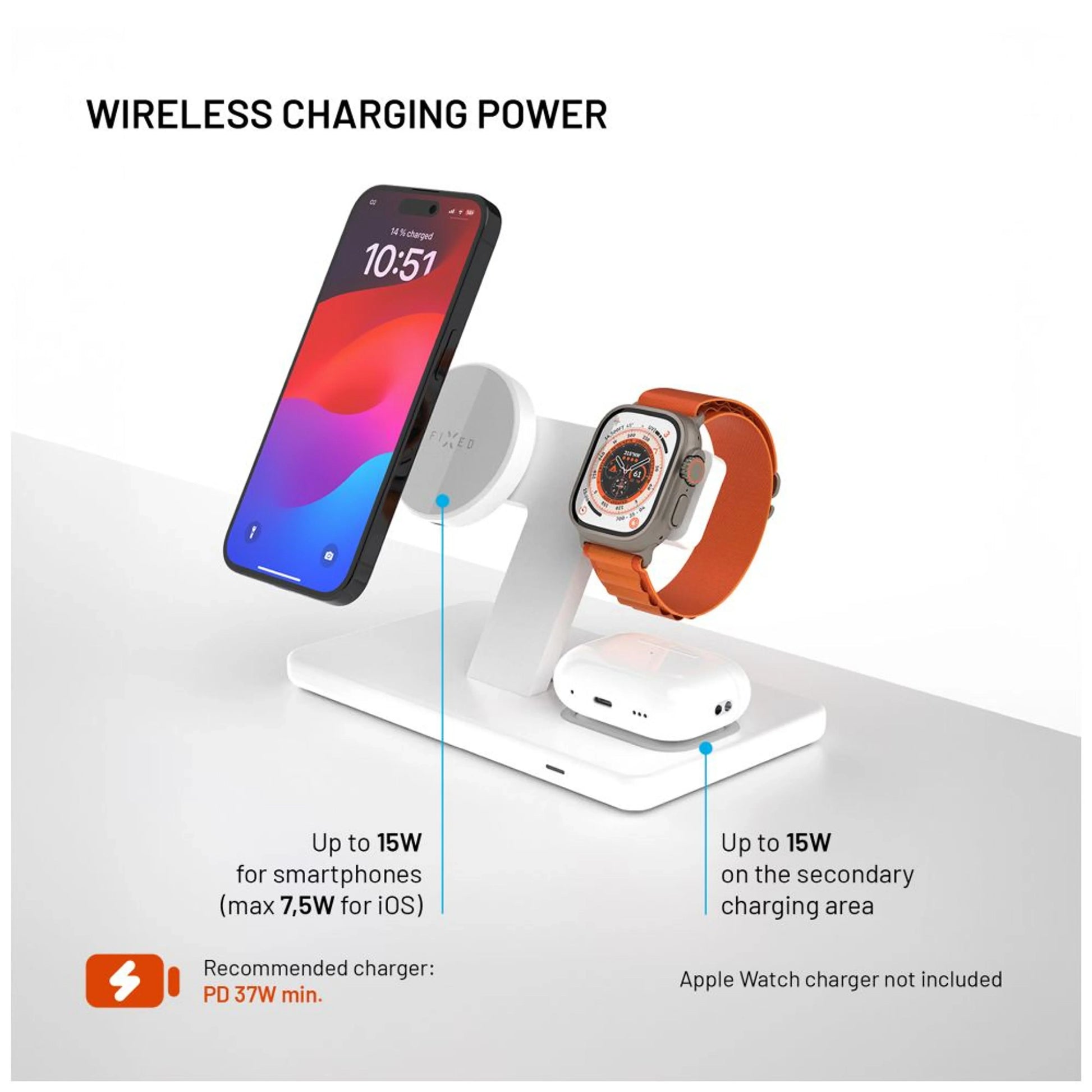 Stojánek s bezdrátovým nabíjením 3v1 FIXED MagPowerstation s podporou MagSafe, 15W+15W+5W, bíly - FIXED