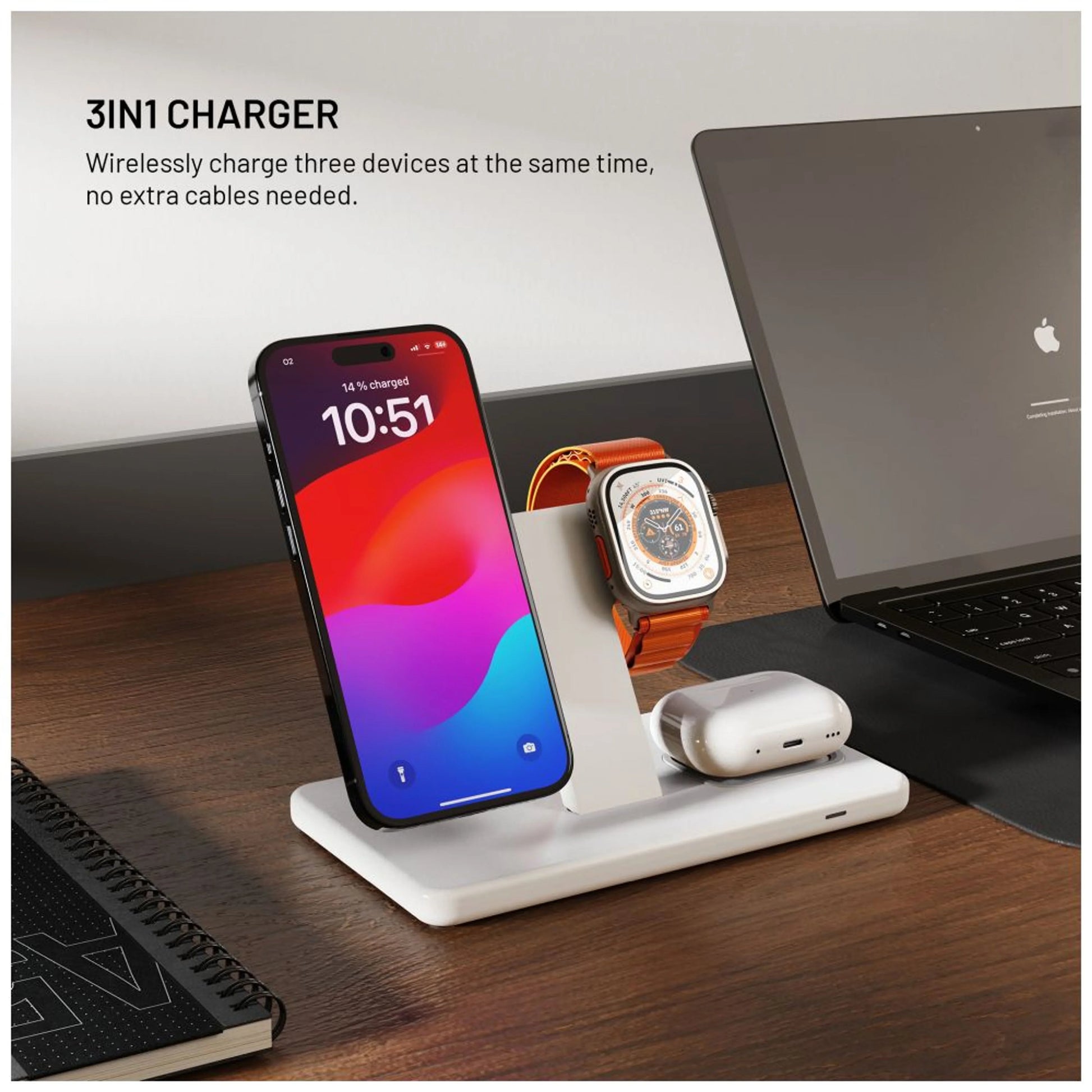 Stojánek s bezdrátovým nabíjením 3v1 FIXED MagPowerstation s podporou MagSafe, 15W+15W+5W, bíly - FIXED