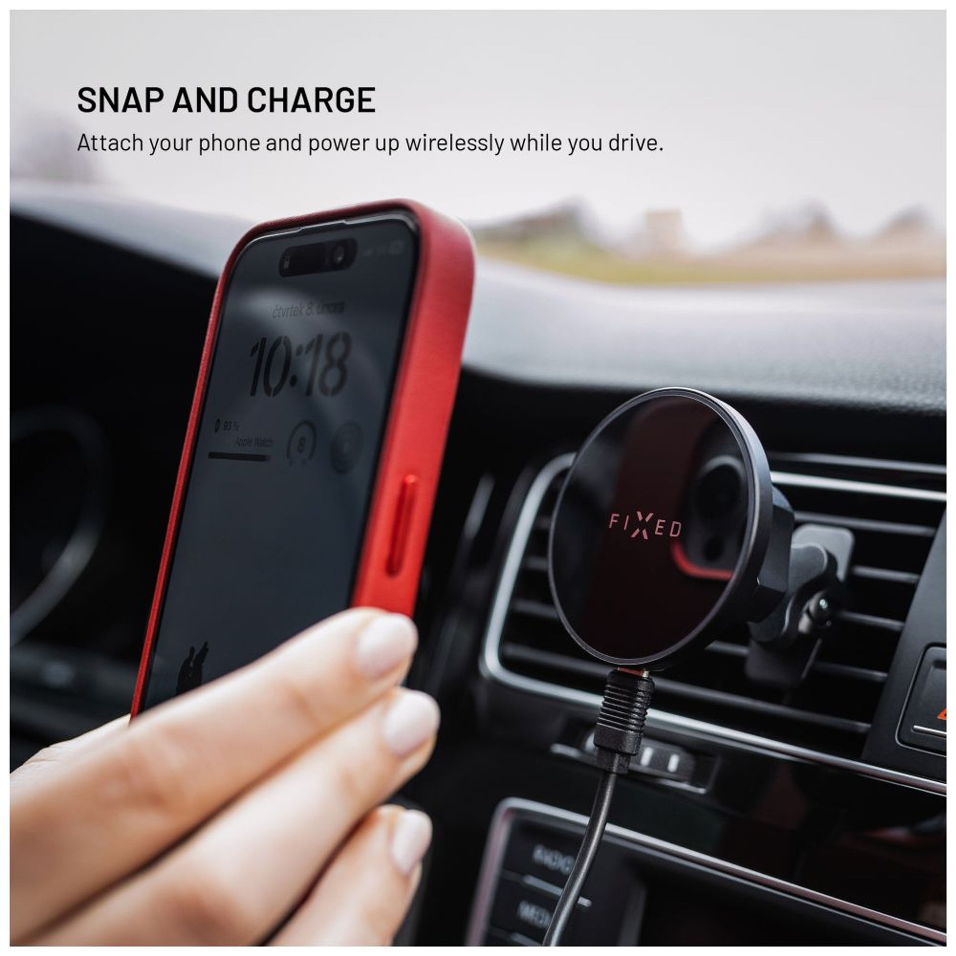 Držák s bezdrátovým nabíjením FIXED MagRound s podporou uchycení MagSafe, 15W, černý - FIXED