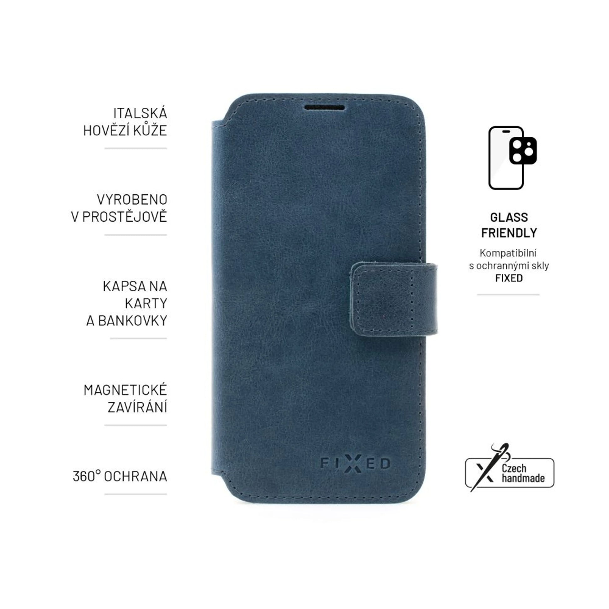 Kožené pouzdro typu kniha FIXED ProFit pro Apple iPhone 15, modré - FIXED