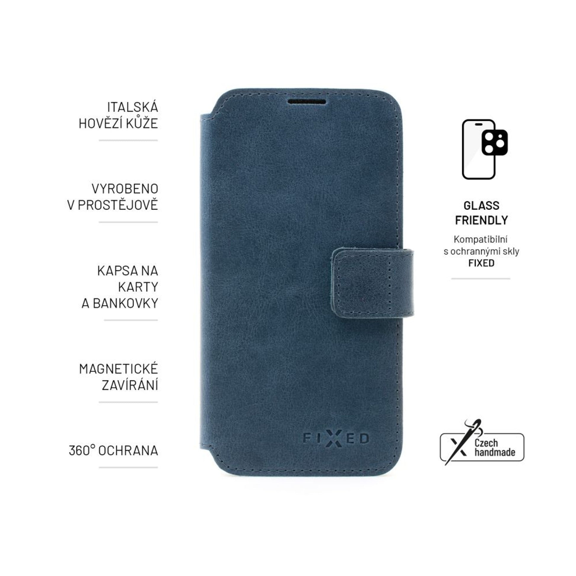 Kožené pouzdro typu kniha FIXED ProFit pro Apple iPhone 15 Plus, modré - FIXED