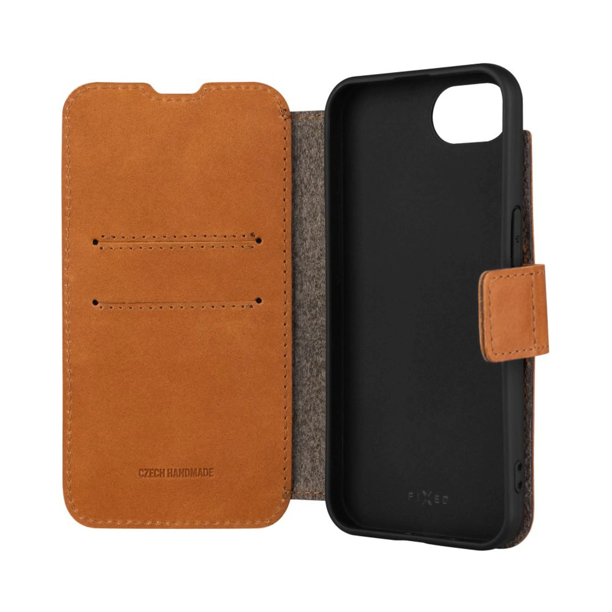 Kožené pouzdro typu kniha FIXED ProFit pro Apple iPhone 16e, hnědé - FIXED