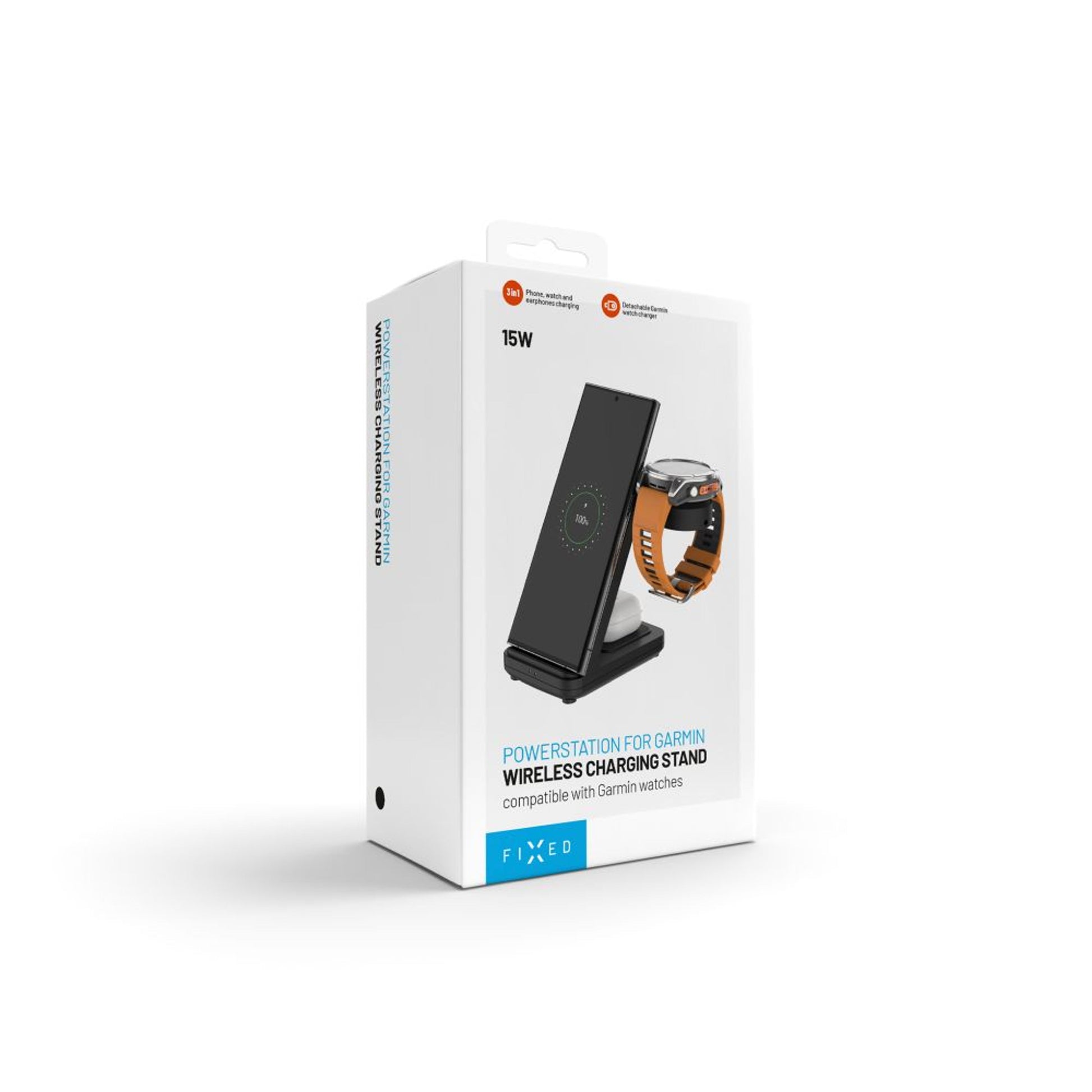 Stojánek FIXED Powerstation pro Garmin s bezdrátovým nabíjením až pro 3 zařízení, 15W+5W+2.5W, černý - FIXED