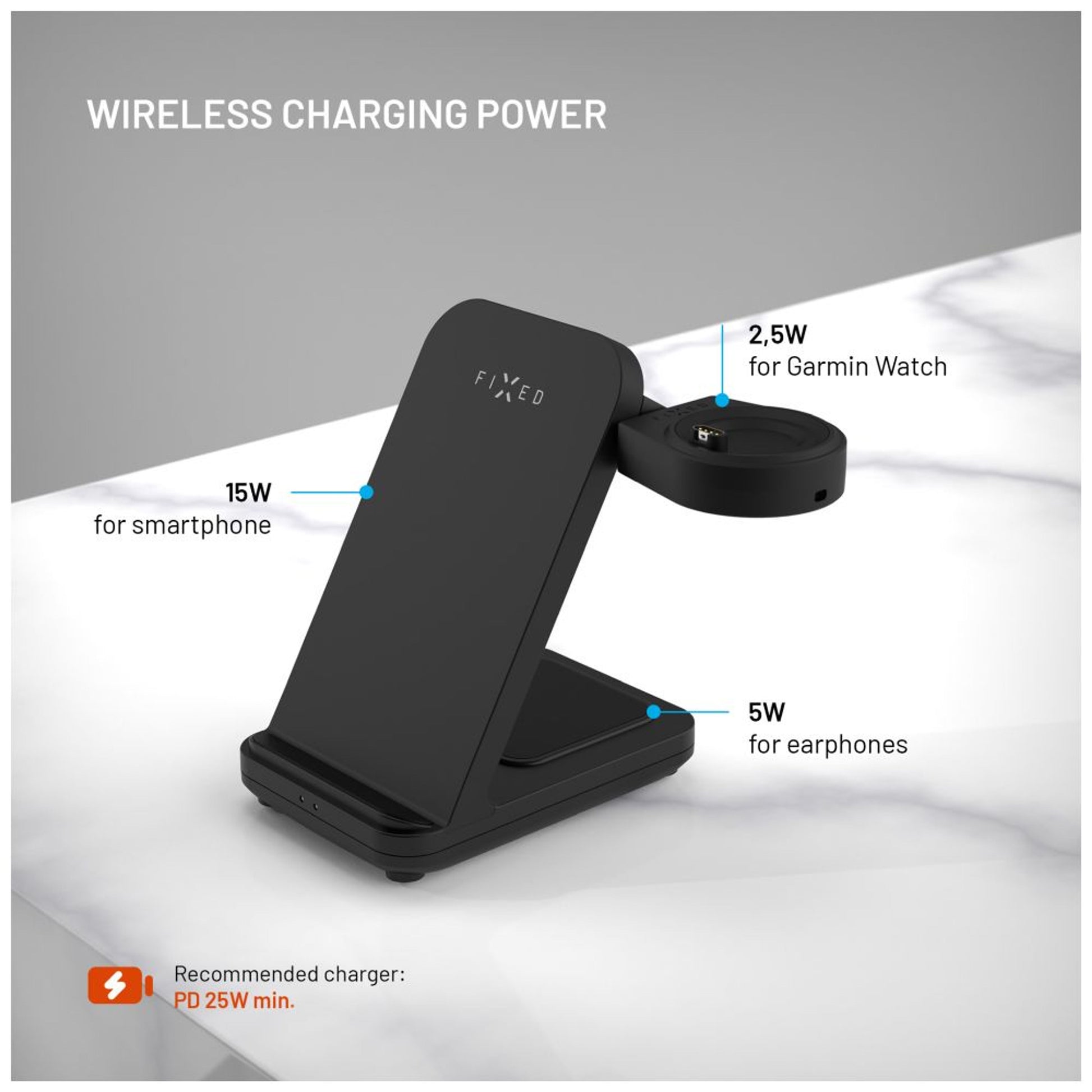 Stojánek FIXED Powerstation pro Garmin s bezdrátovým nabíjením až pro 3 zařízení, 15W+5W+2.5W, černý - FIXED