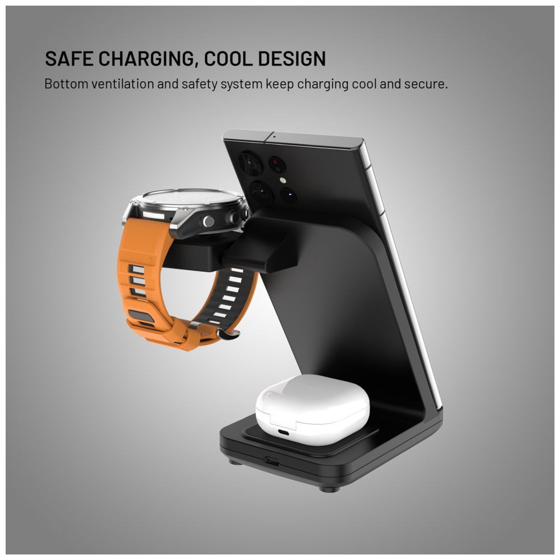 Stojánek FIXED Powerstation pro Garmin s bezdrátovým nabíjením až pro 3 zařízení, 15W+5W+2.5W, černý - FIXED