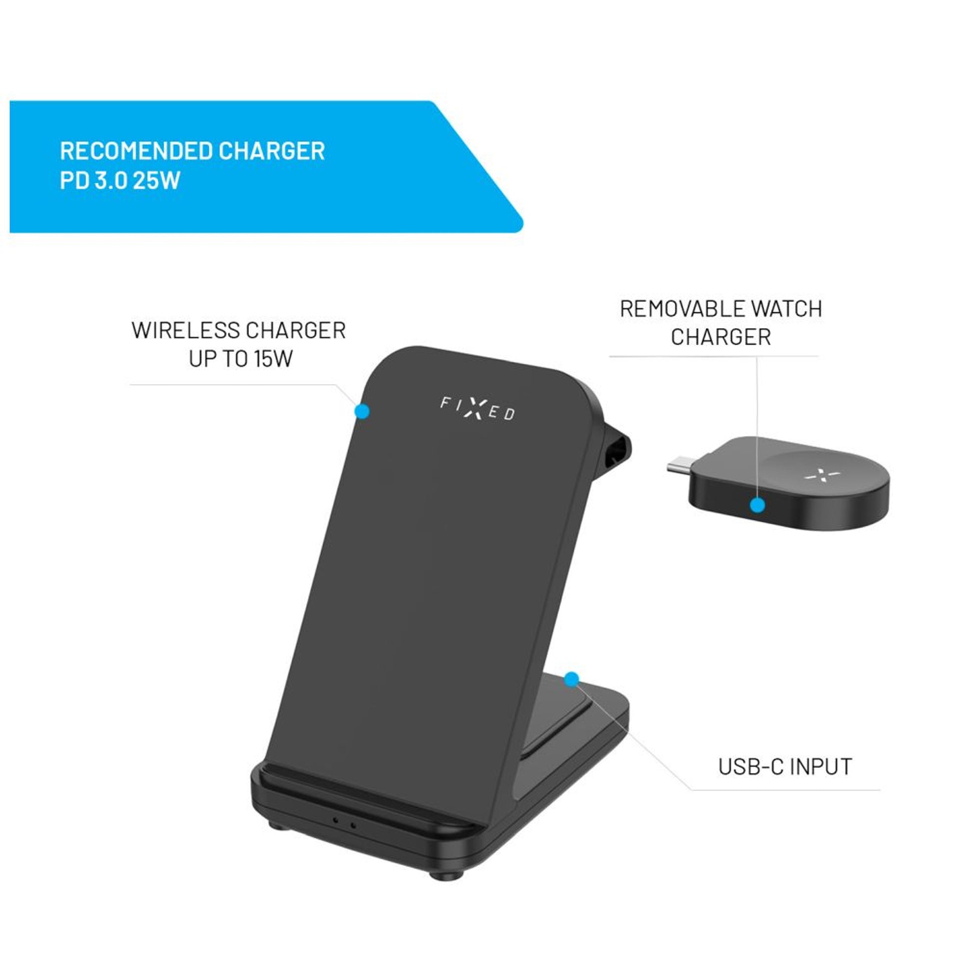 Stojánek FIXED Powerstation pro Samsung s bezdrátovým nabíjením až pro 3 zařízení, 15W+5W+2.5W, černý - FIXED