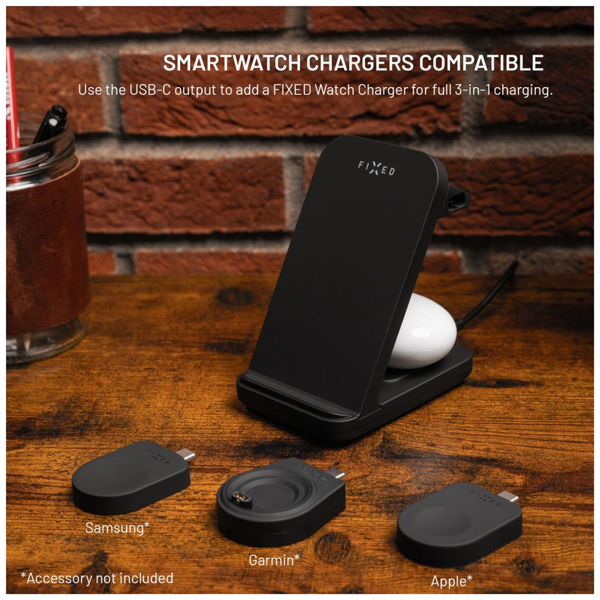 Stojánek FIXED Powerstation Uni s bezdrátovým nabíjením až pro 2 zařízení, 15W+5W, černý - FIXED