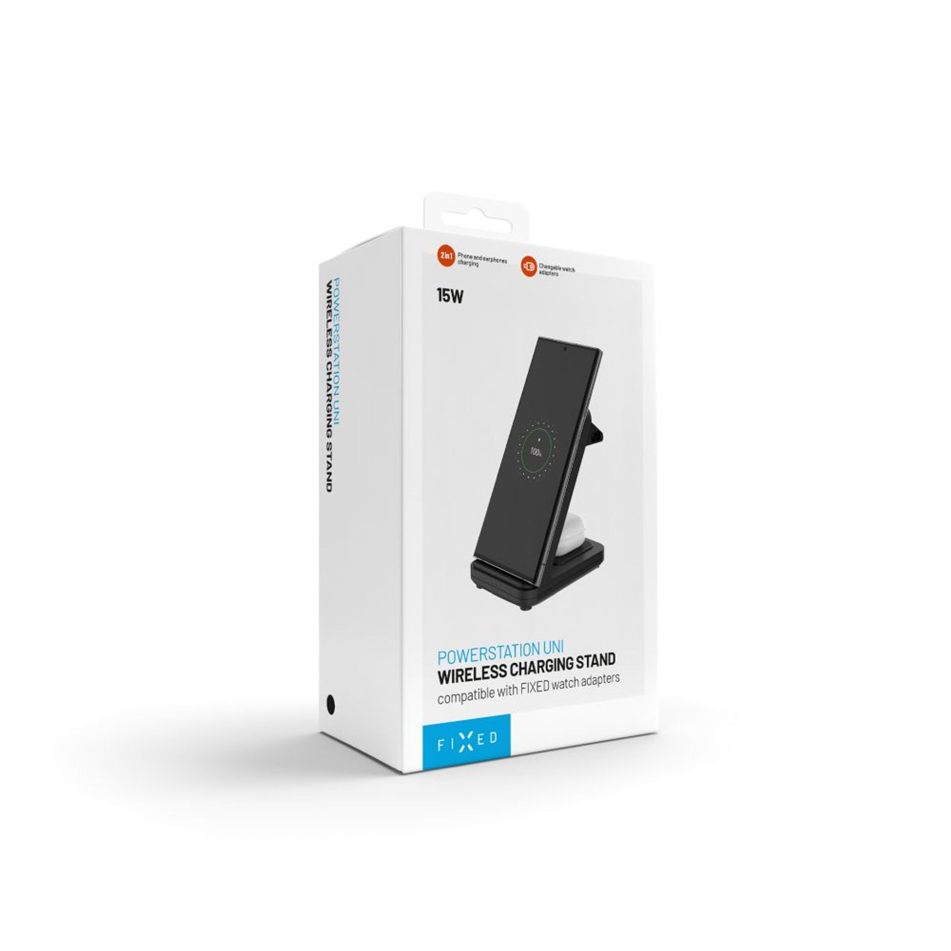 Stojánek FIXED Powerstation Uni s bezdrátovým nabíjením až pro 2 zařízení, 15W+5W, černý - FIXED