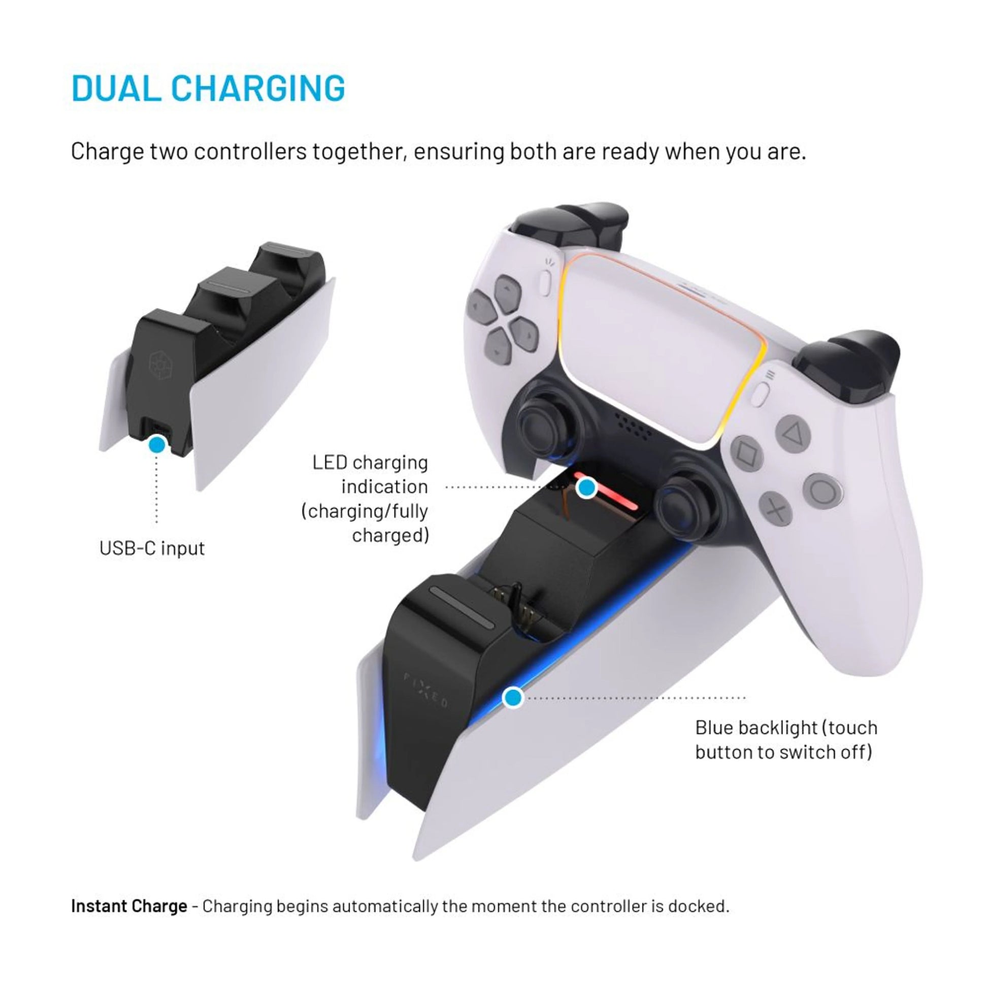 Dobíjecí stanice FIXED pro dva bezdrátové ovladače DualSense PlayStation 5, černo-bílá - FIXED