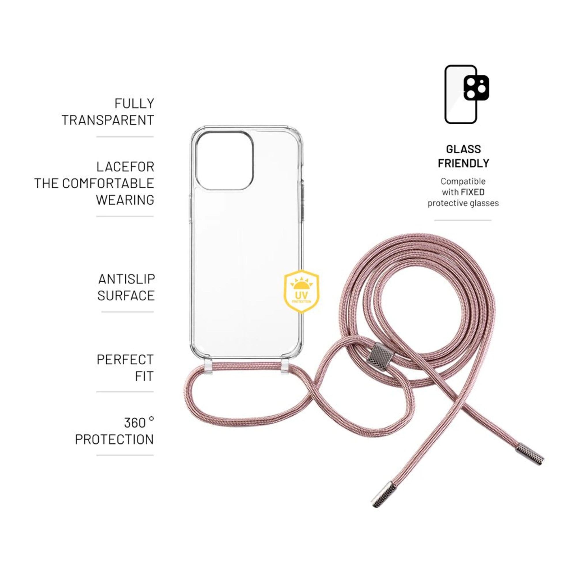 Pouzdro FIXED Pure Neck s růžovou šňůrkou na krk pro Apple iPhone 15 Pro - FIXED