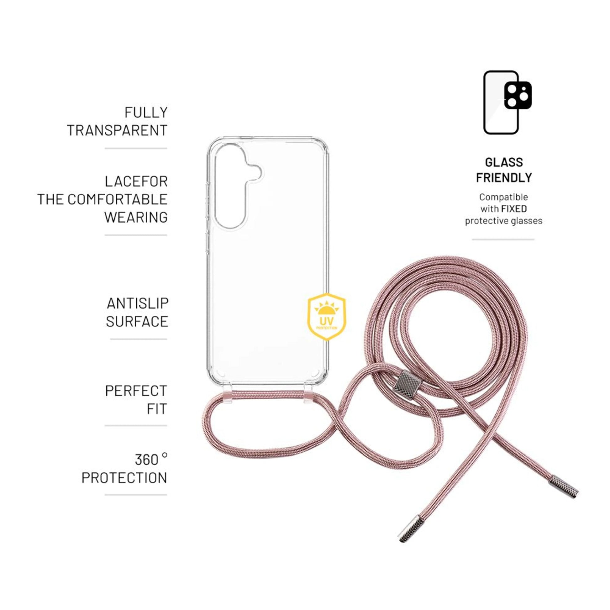 Zadní kryt FIXED Pure Neck s růžovou šňůrkou na krk pro Samsung Galaxy S25 - FIXED