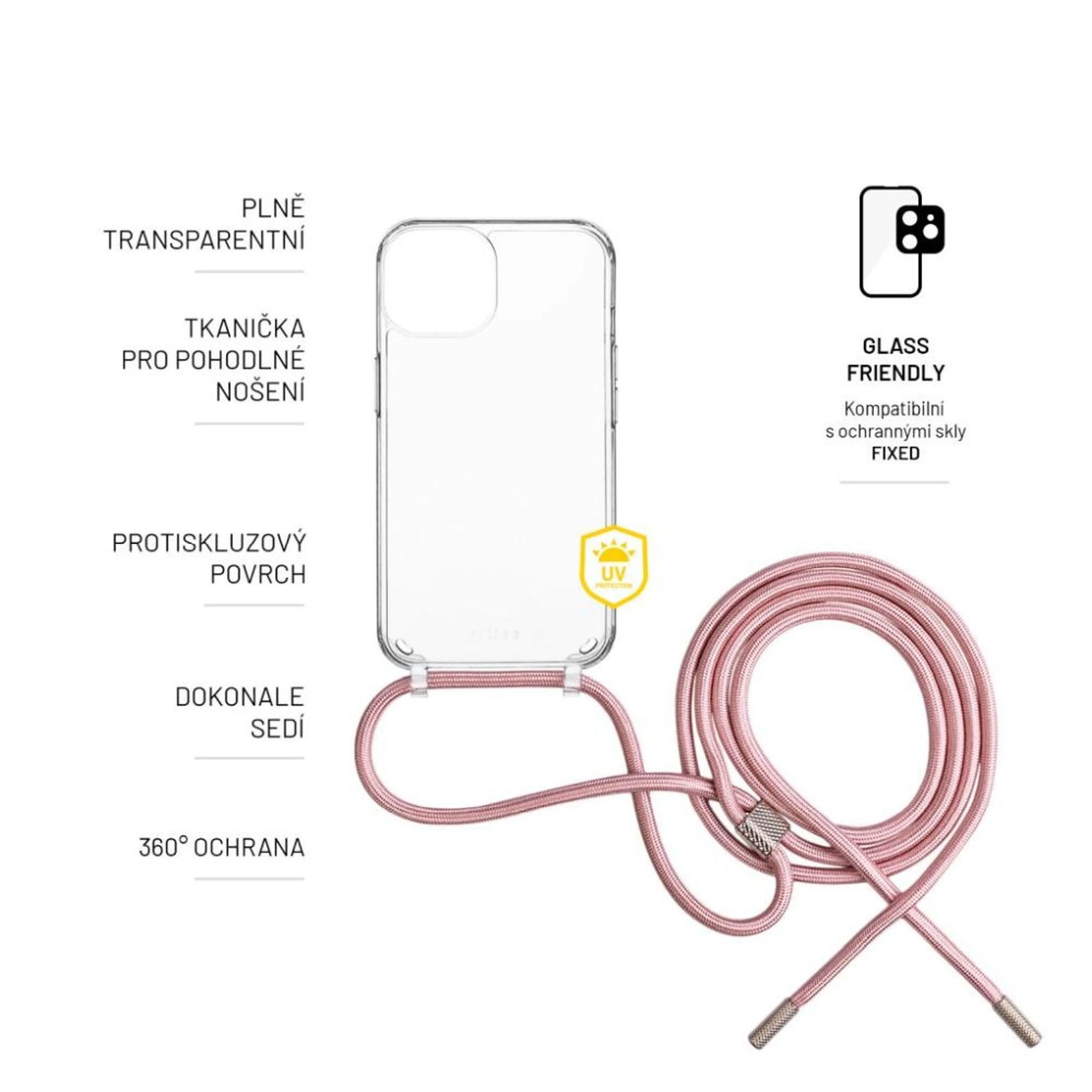 Zadní kryt FIXED Pure Neck s růžovou šňůrkou na krk pro Samsung Galaxy S25+ - FIXED