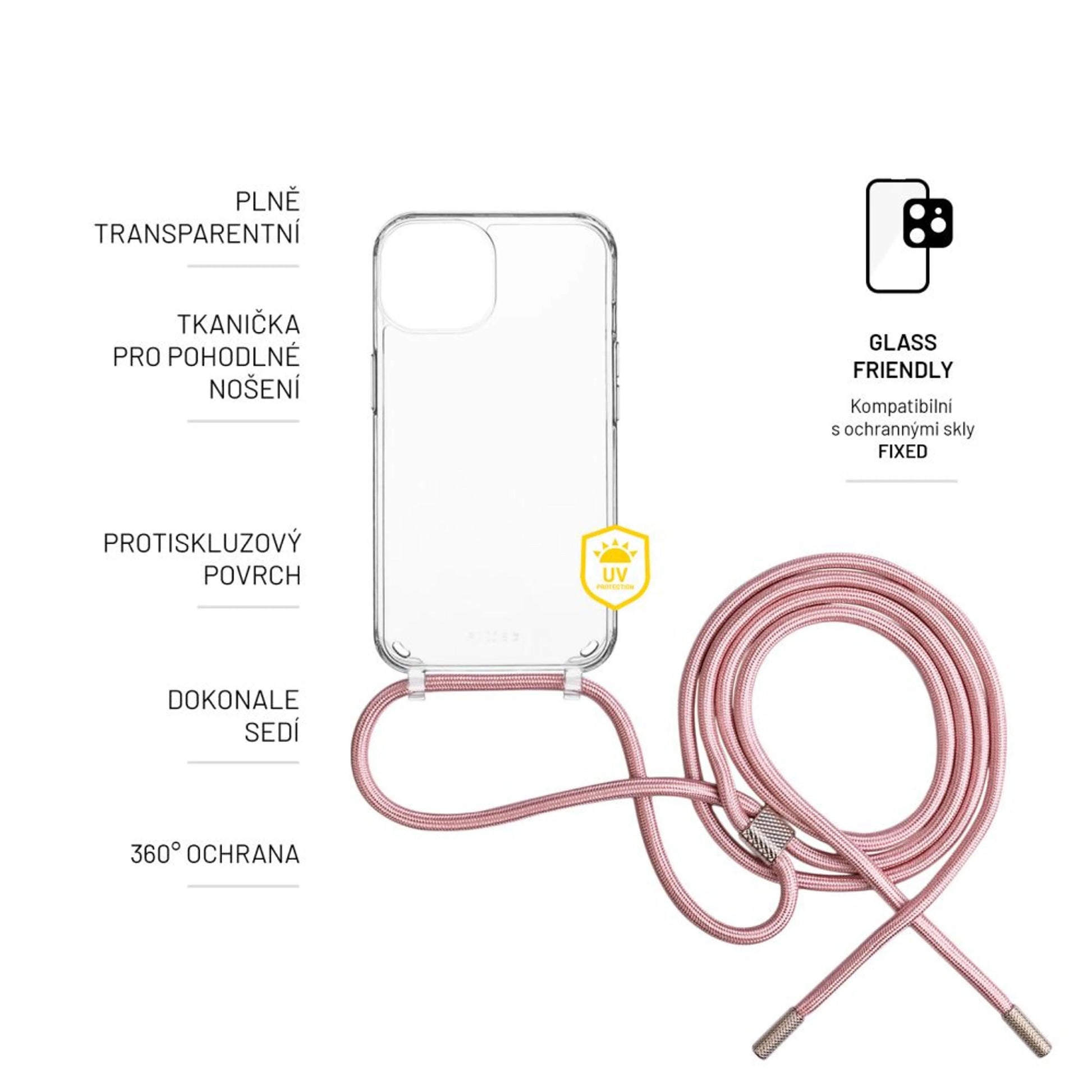 Pouzdro FIXED Pure Neck s růžovou šňůrkou na krk pro Apple iPhone 14 Plus - FIXED