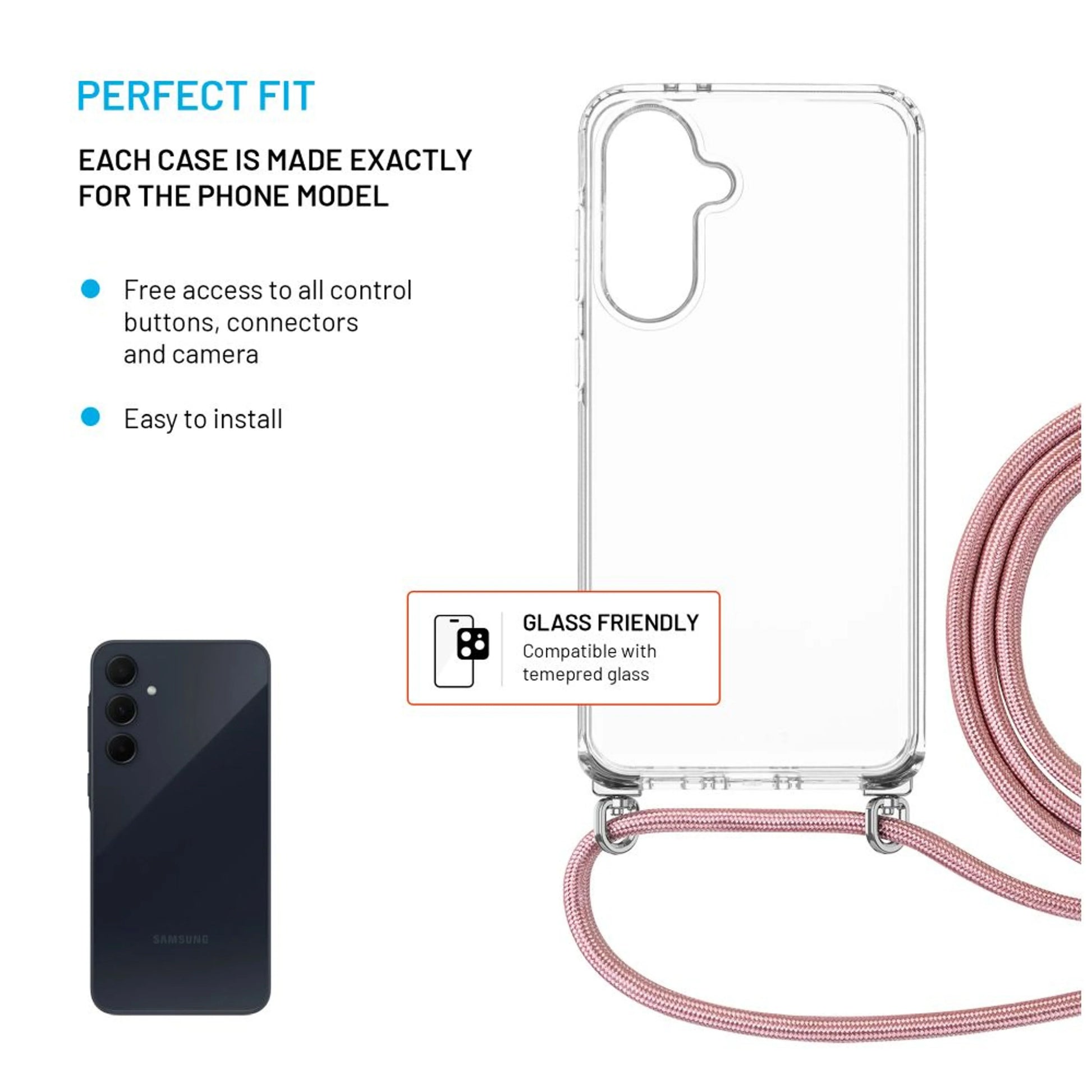 Pouzdro FIXED Pure Neck s odnímatelnou růžovou šňůrkou na krk pro Samsung Galaxy A36 5G/A56 5G - FIXED