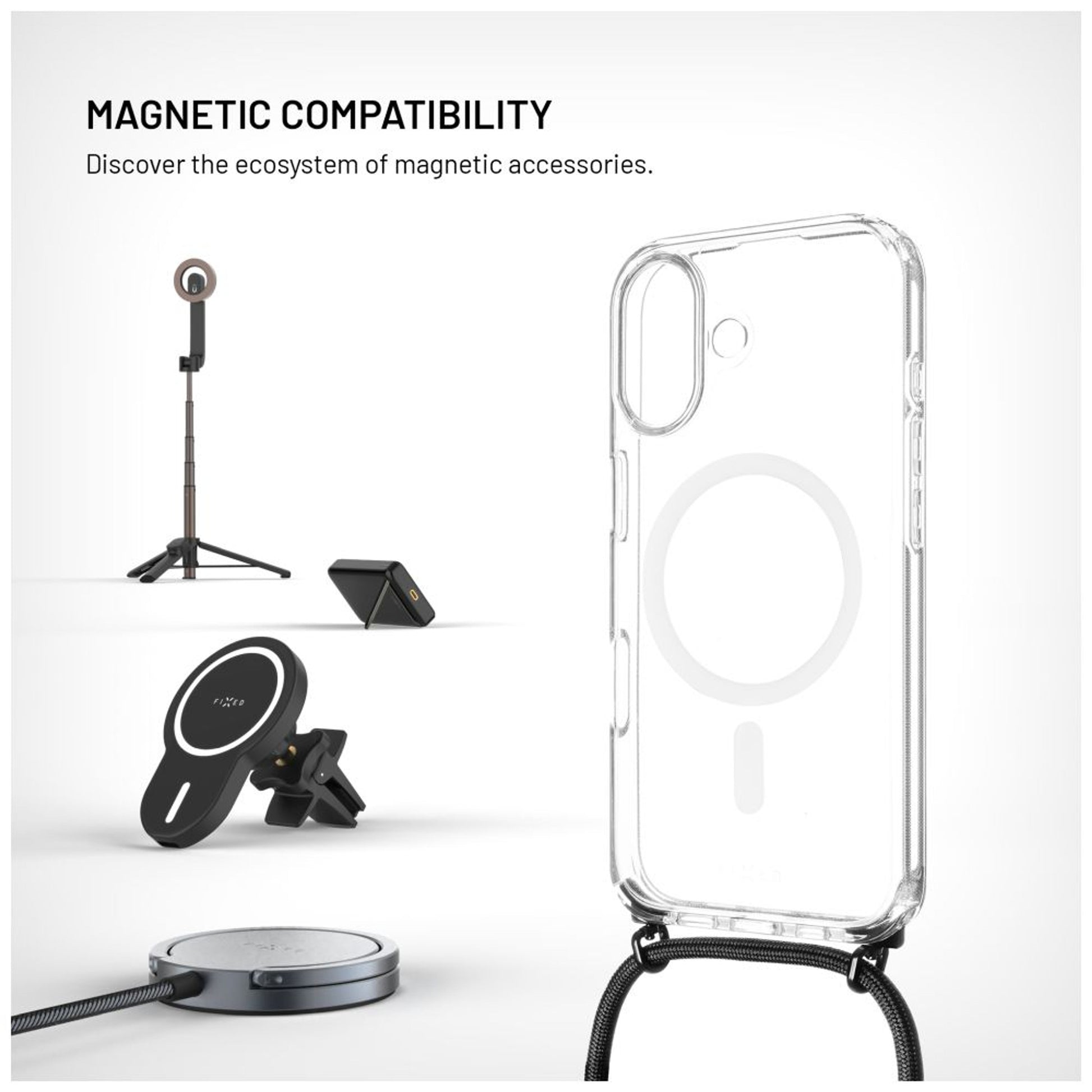 Pouzdro FIXED MagPure Neck s černou šňůrkou na krk pro Apple iPhone 17 - FIXED