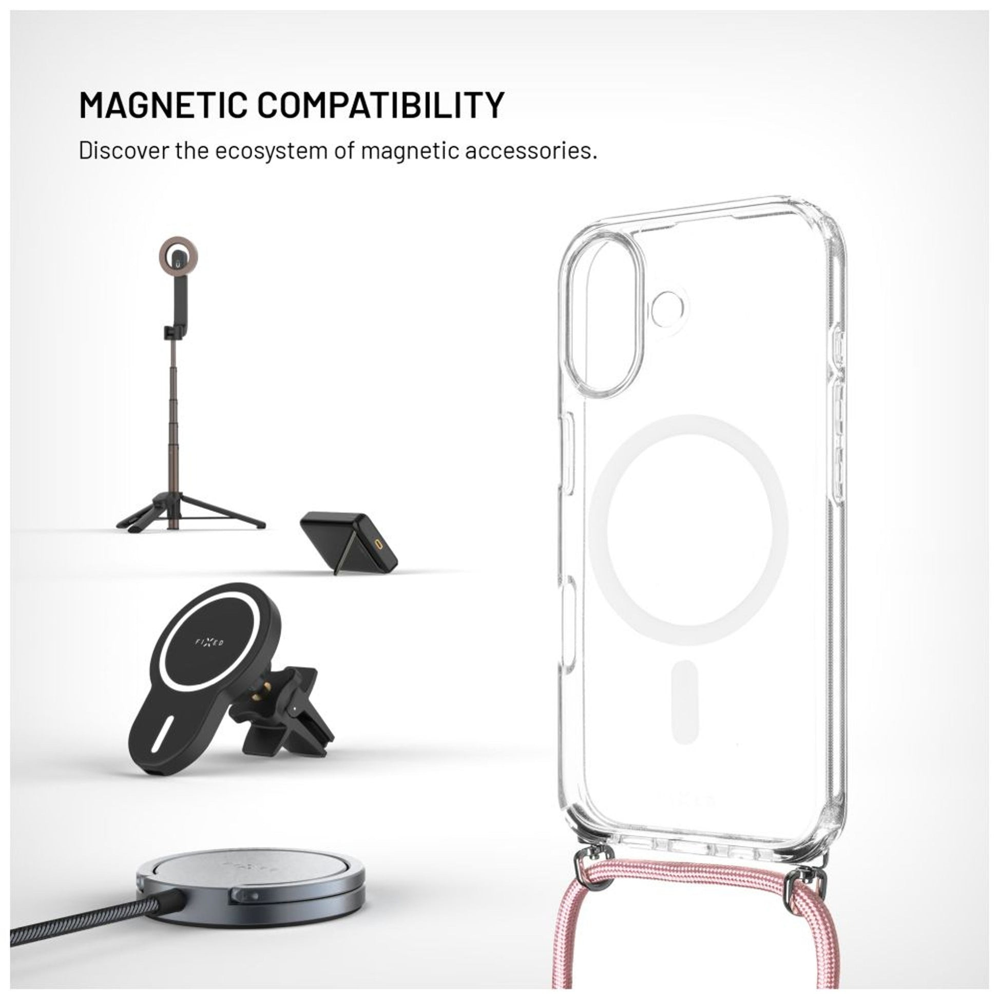 Pouzdro FIXED MagPure Neck s růžovou šňůrkou na krk pro Apple iPhone 17 - FIXED