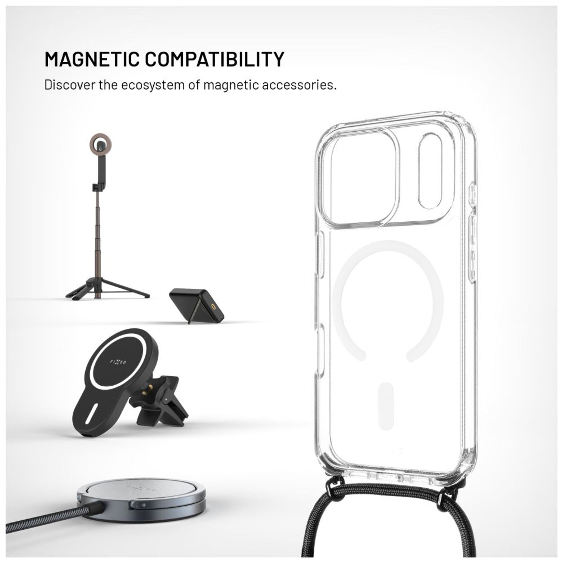 Pouzdro FIXED MagPure Neck s černou šňůrkou na krk pro Apple iPhone 17 Pro - FIXED