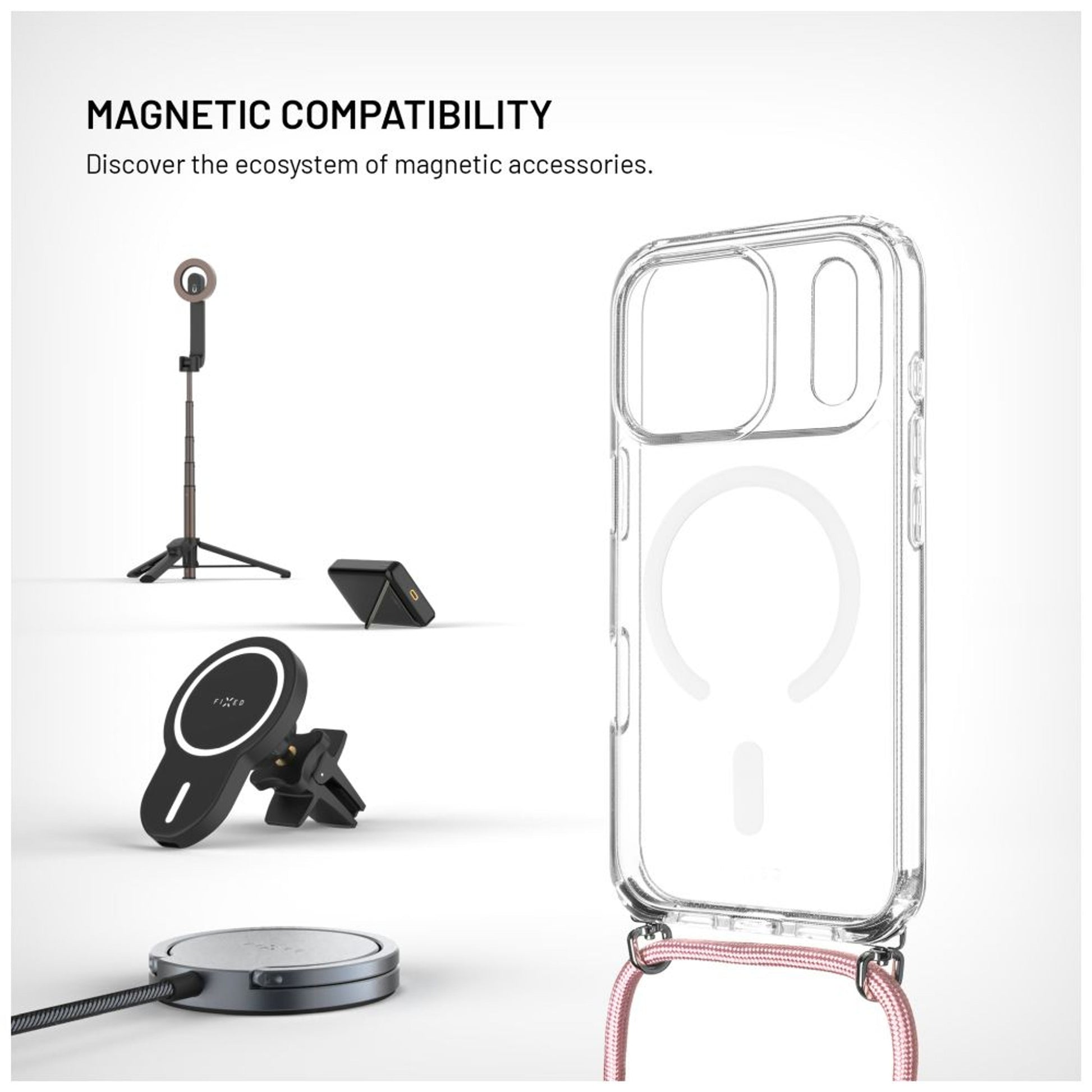 Pouzdro FIXED MagPure Neck s růžovou šňůrkou na krk pro Apple iPhone 17 Pro - FIXED