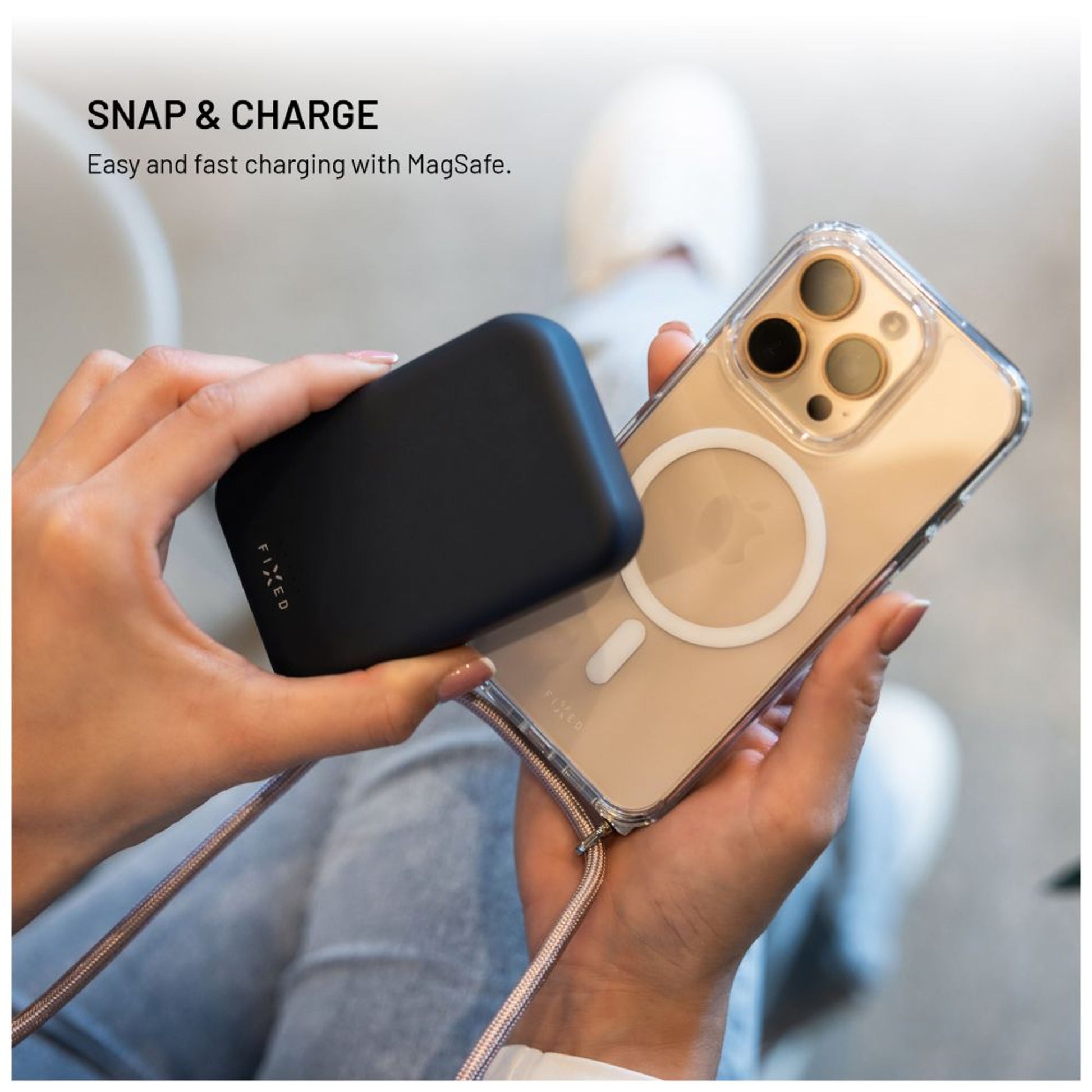 Pouzdro FIXED MagPure Neck s růžovou šňůrkou na krk pro Apple iPhone 17 Pro - FIXED