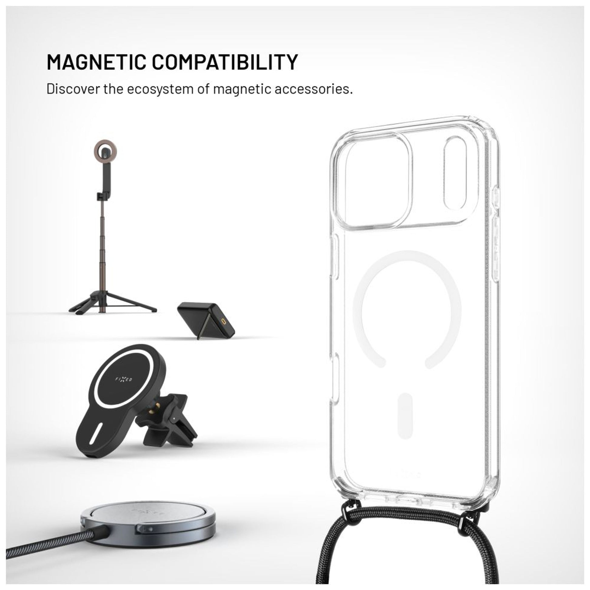 Pouzdro FIXED MagPure Neck s černou šňůrkou na krk pro Apple iPhone 17 Pro Max - FIXED