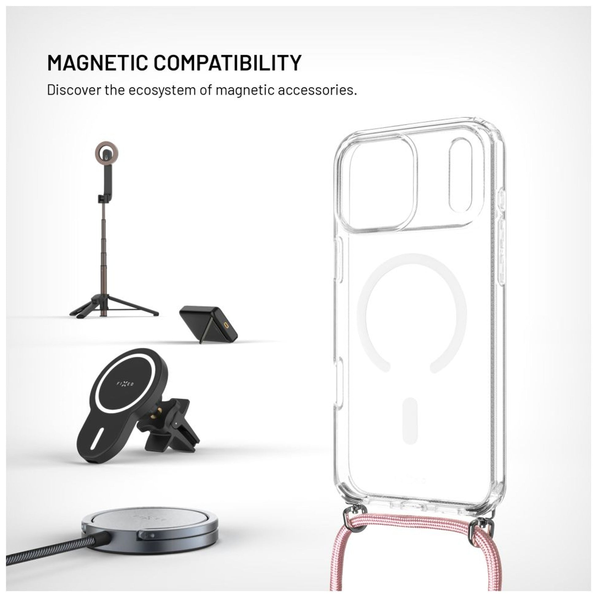 Pouzdro FIXED MagPure Neck s růžovou šňůrkou na krk pro Apple iPhone 17 Pro Max - FIXED