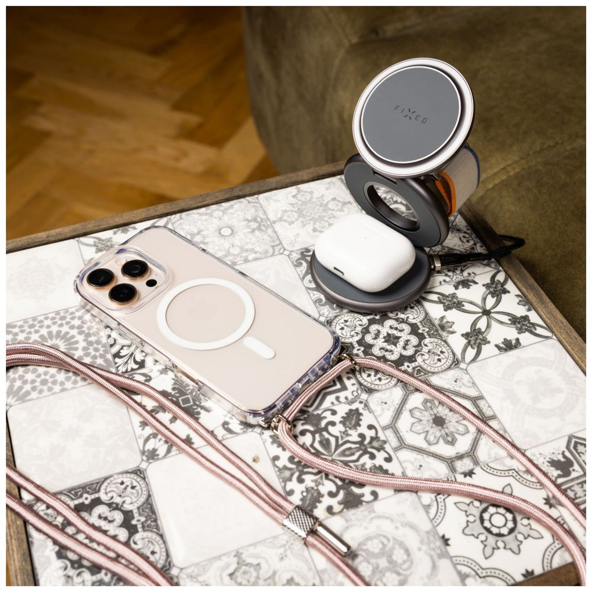 Pouzdro FIXED MagPure Neck s růžovou šňůrkou na krk pro Apple iPhone 17 Pro Max - FIXED