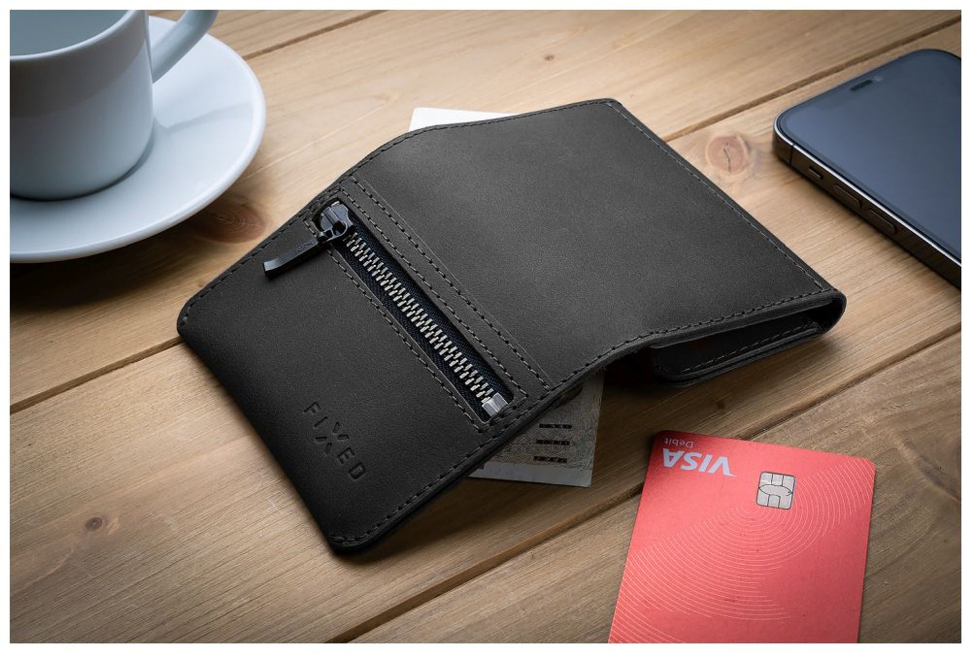 Kožená peněženka FIXED Tripple Wallet z pravé hovězí kůže, černá - FIXED