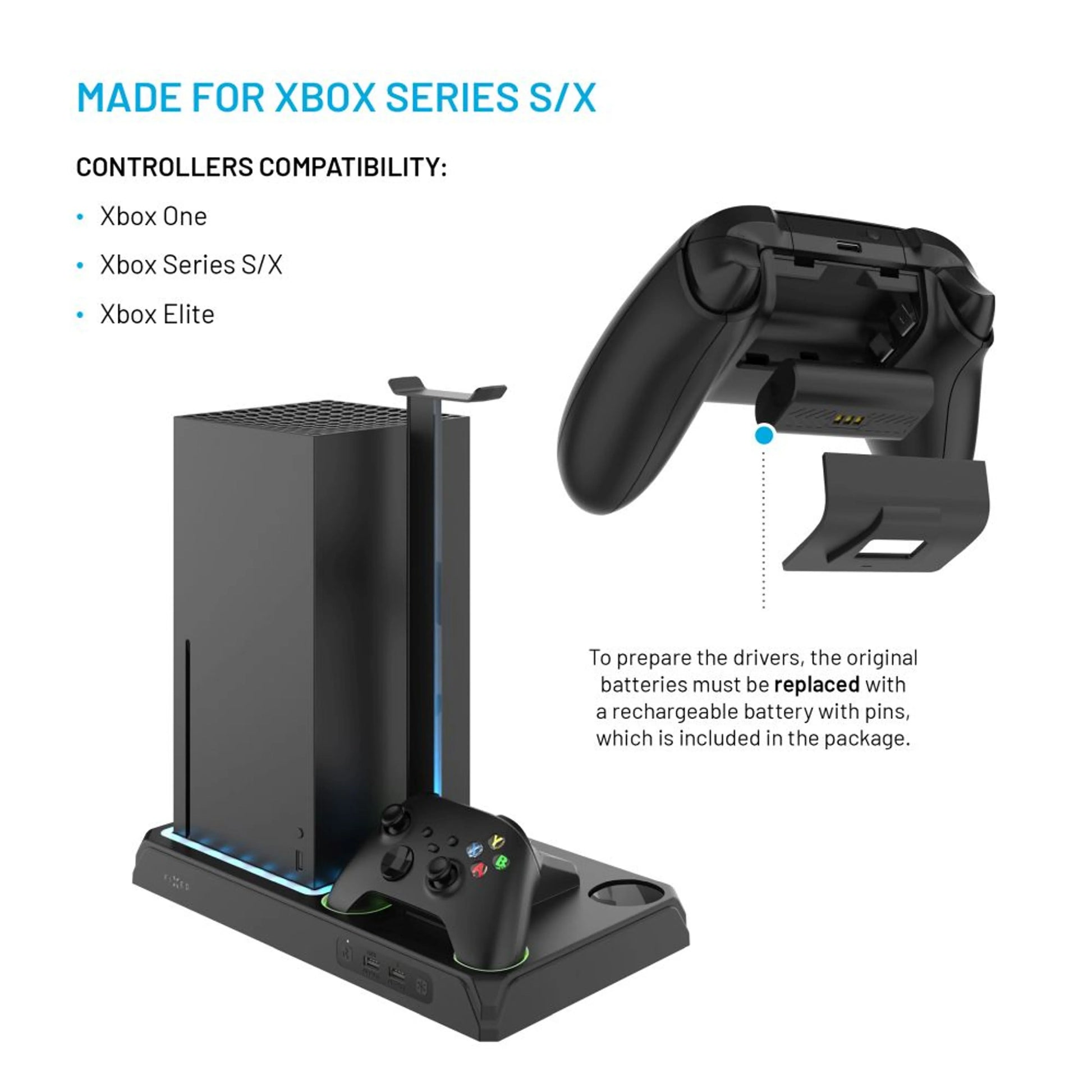 Multifunkční stanice FIXED pro Xbox Series X a S s odvětráváním a nabíjením pro dva ovladače Xbox, černá - FIXED