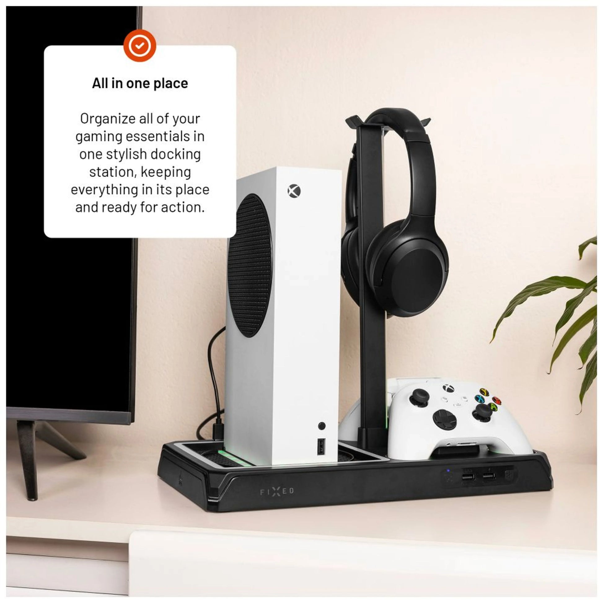 Multifunkční stanice FIXED pro Xbox Series X a S s odvětráváním a nabíjením pro dva ovladače Xbox, černá - FIXED